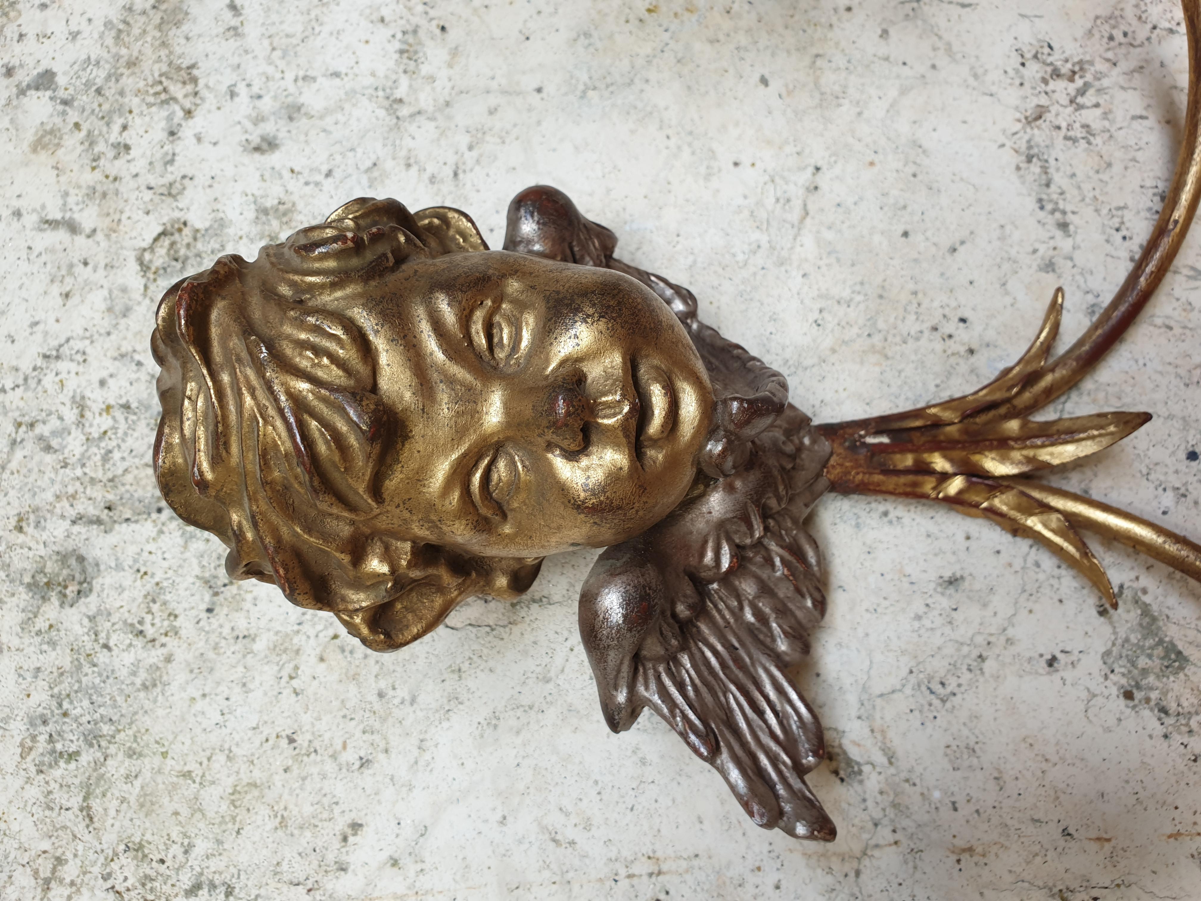 Antique Wall Sconces Gold French Cherub Wooden Bust Lights For Sale 2