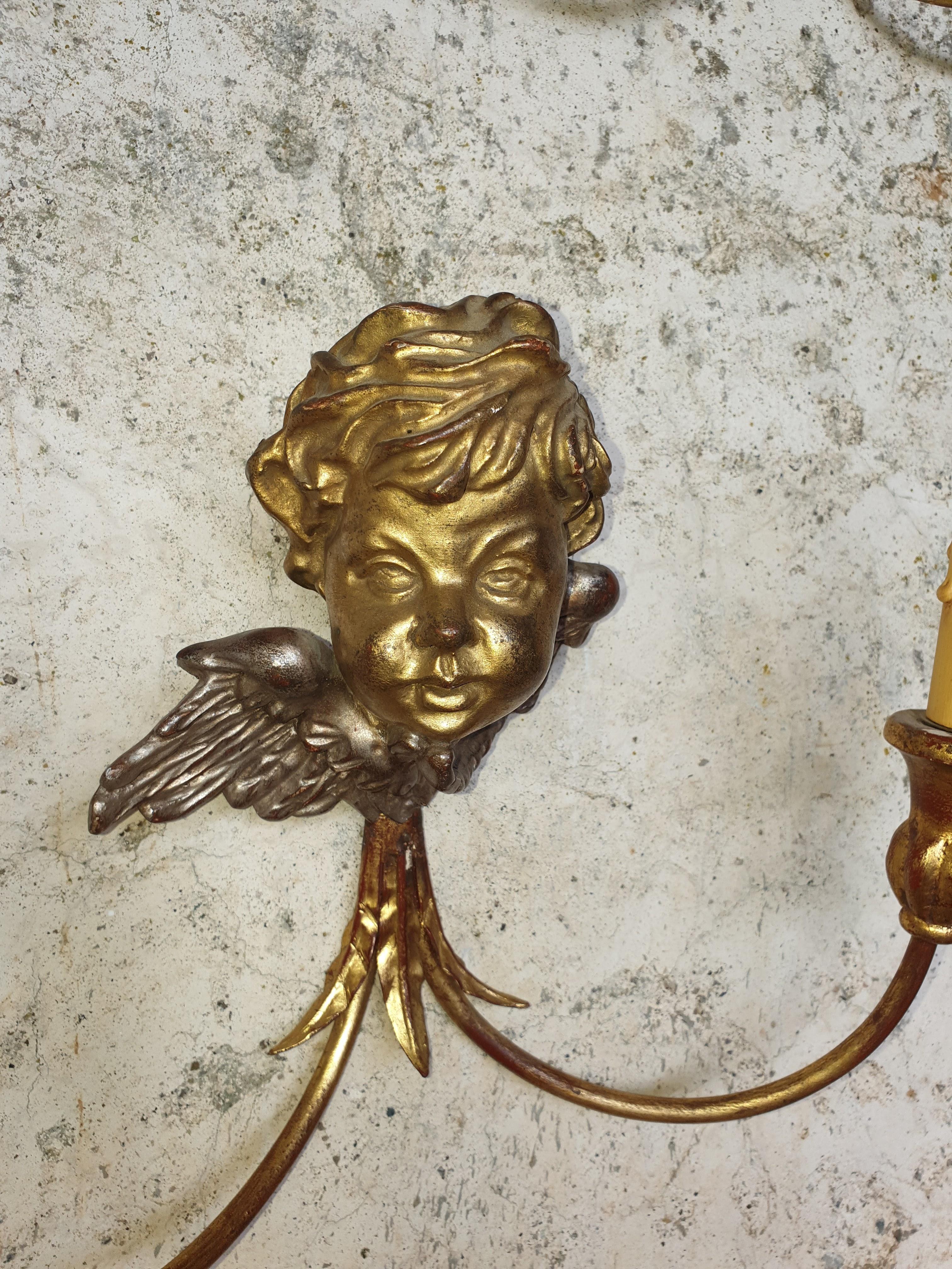 Antique Wall Sconces Gold French Cherub Wooden Bust Lights For Sale 3