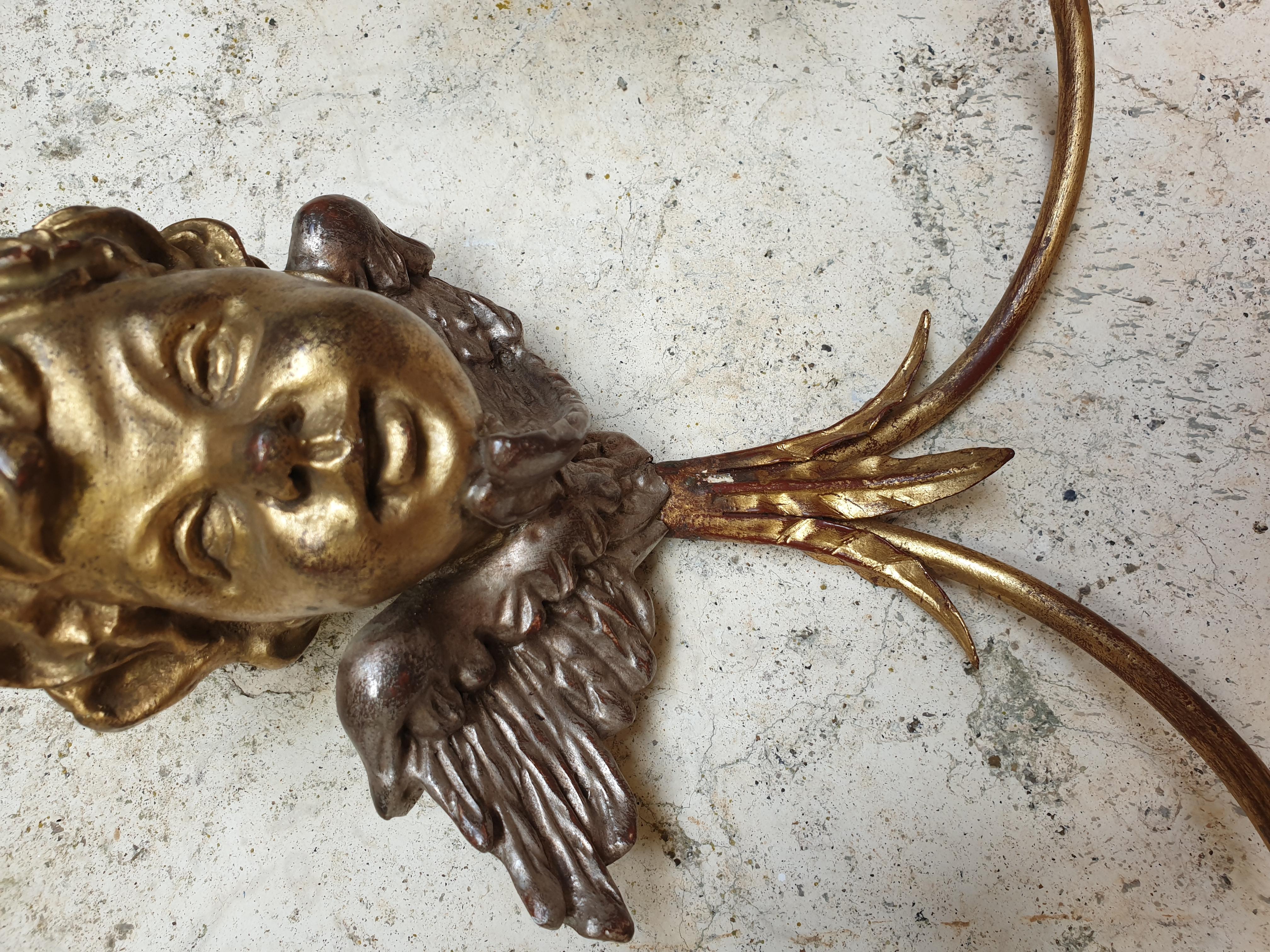 Antique Wall Sconces Gold French Cherub Wooden Bust Lights For Sale 3