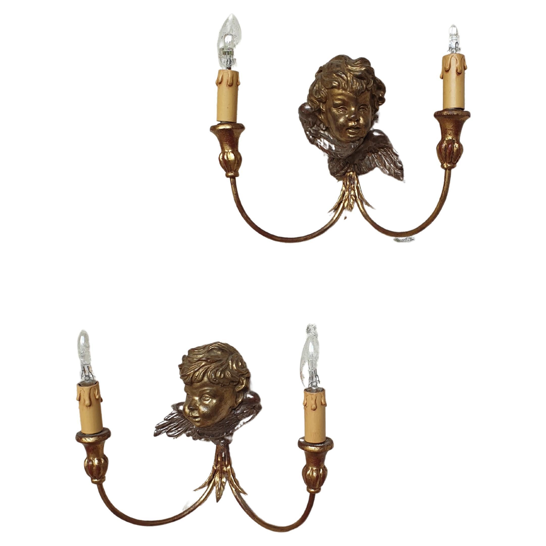 Antique Wall Sconces Gold French Cherub Wooden Bust Lights For Sale