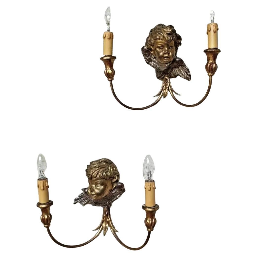 Antike Wandleuchter Gold Französisch Cherub Holzbüste Lights