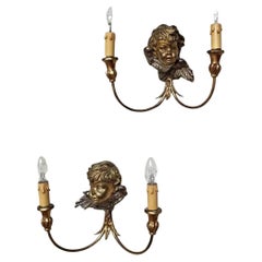 Antike Wandleuchter Gold Französisch Cherub Holzbüste Lights