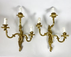 Antique Wall Sconces Rococo Bronze Wall Lamps Pair, 3-Light, France