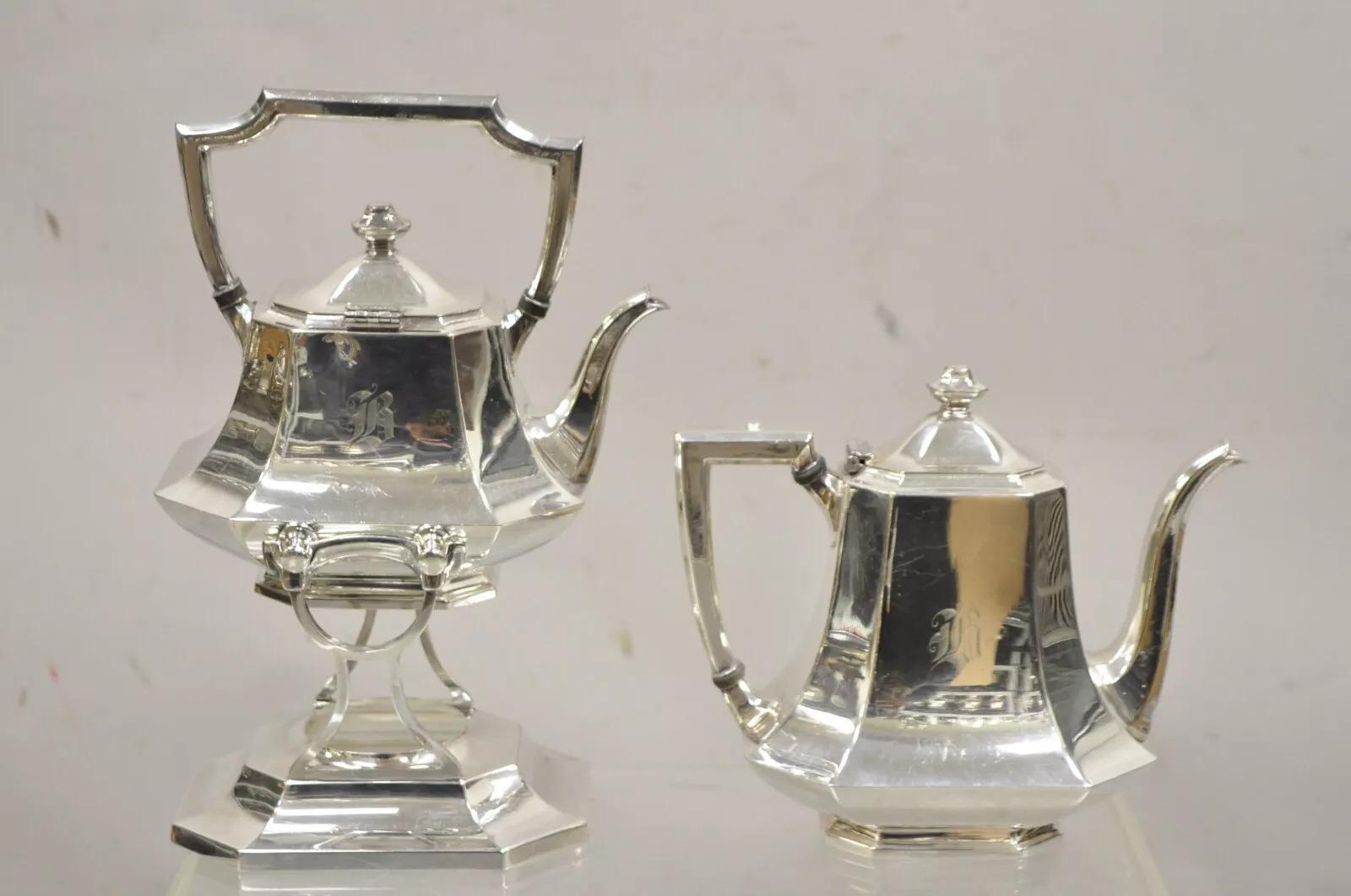 Antico set da tè Wallace 3104N Art Deco ottagonale placcato in argento con Monogram 