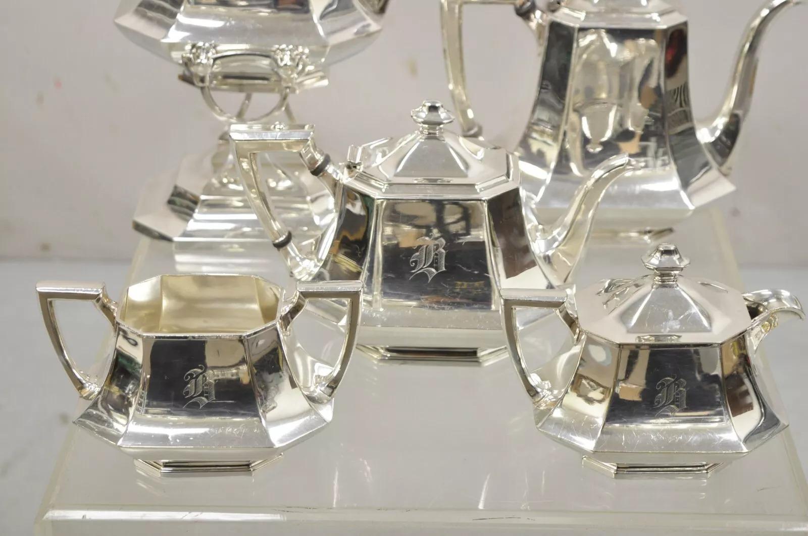 Art Déco Antico set da tè Wallace 3104N Art Deco ottagonale placcato in argento - set da 5 pezzi in vendita