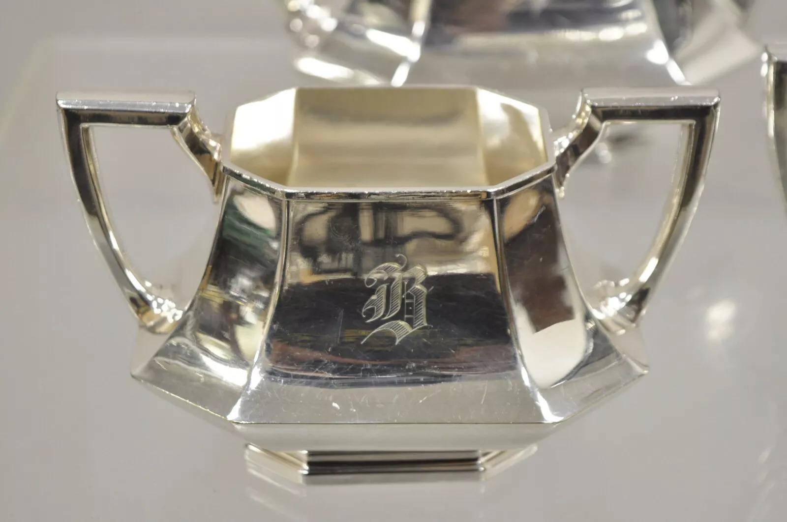 Sconosciuto Antico set da tè Wallace 3104N Art Deco ottagonale placcato in argento - set da 5 pezzi in vendita