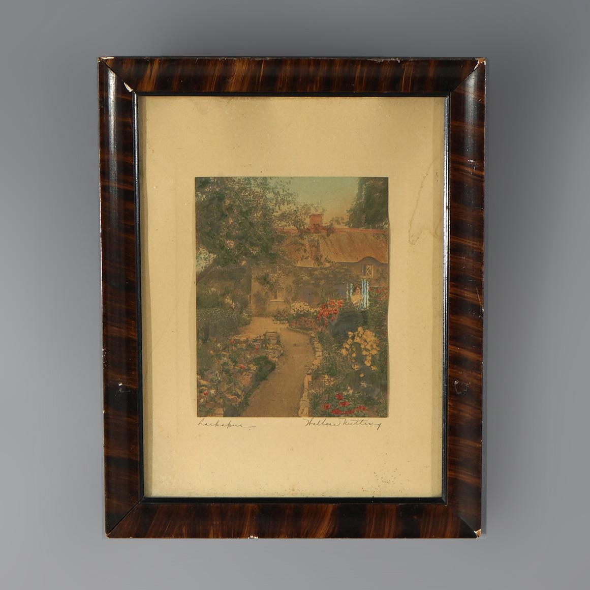 Antike Wallace Nutting Druck Rittersporn, Exterior Garden Scene