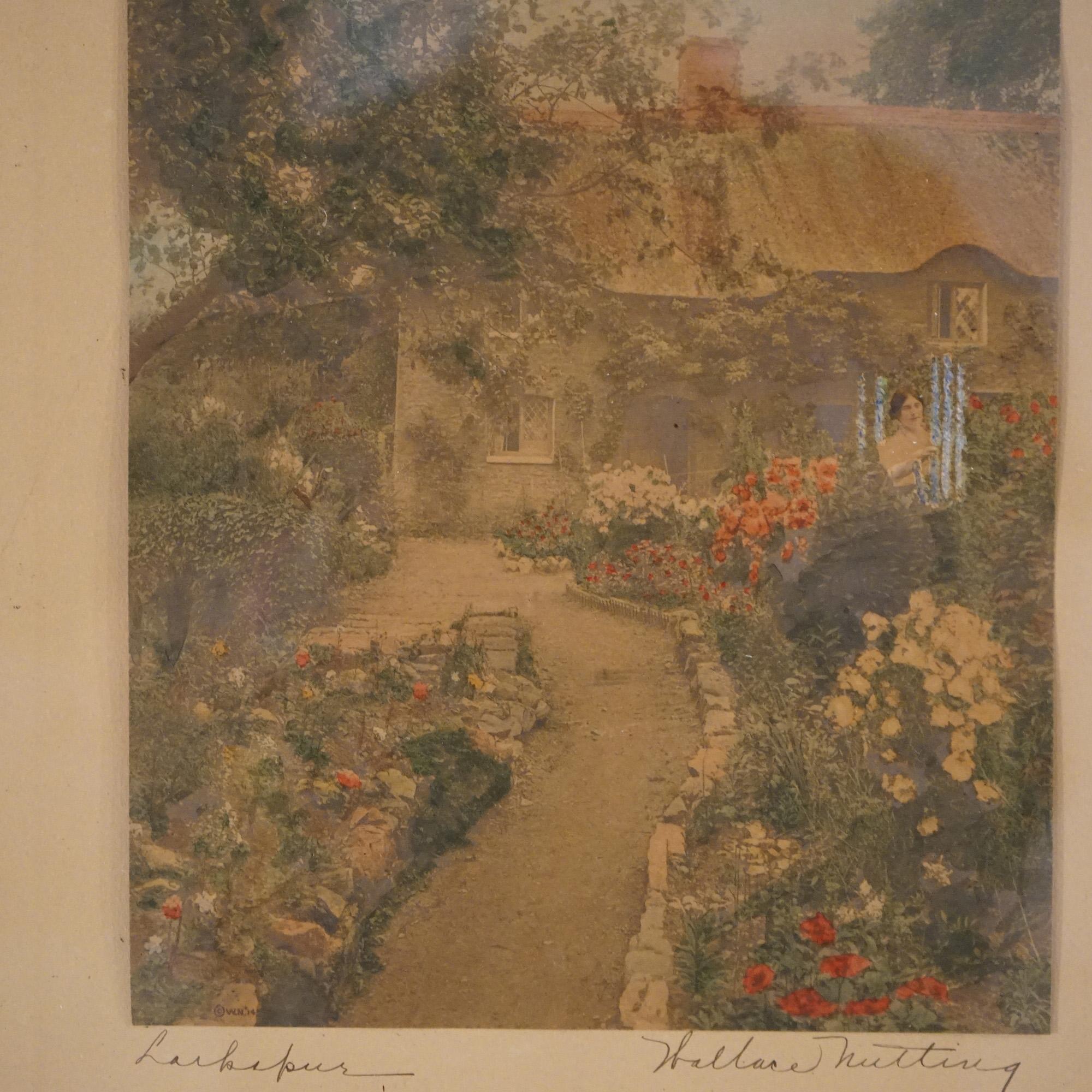 Antike Wallace Nutting Druck Rittersporn, Exterior Garden Scene