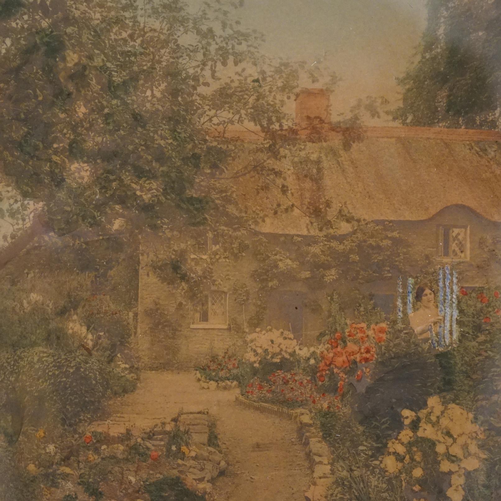 Antike Wallace Nutting Druck Rittersporn, Exterior Garden Scene