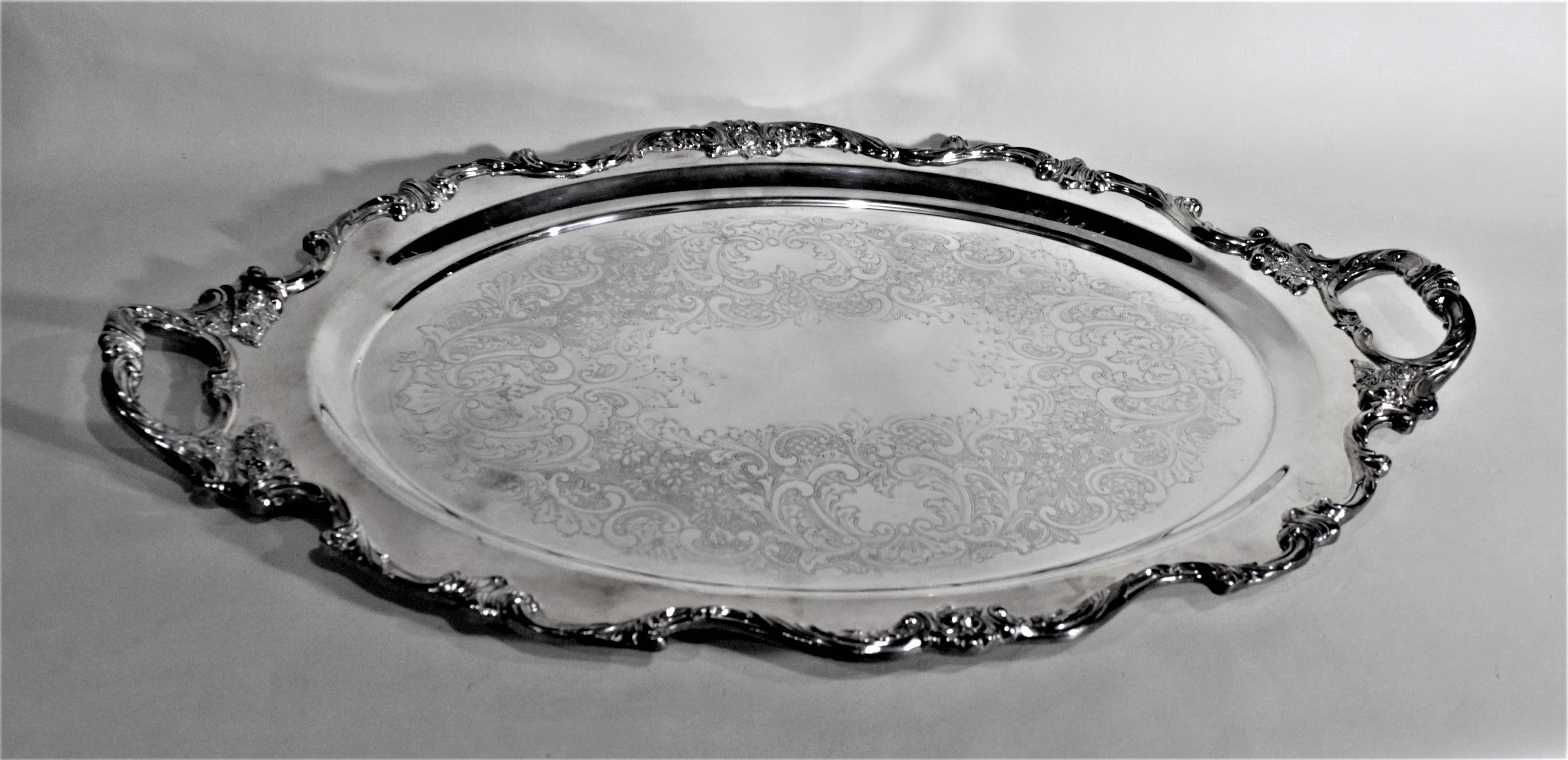 Brass Antique Wallace Silver Plated Oval Serving Tray with Floral Decoration For Sale