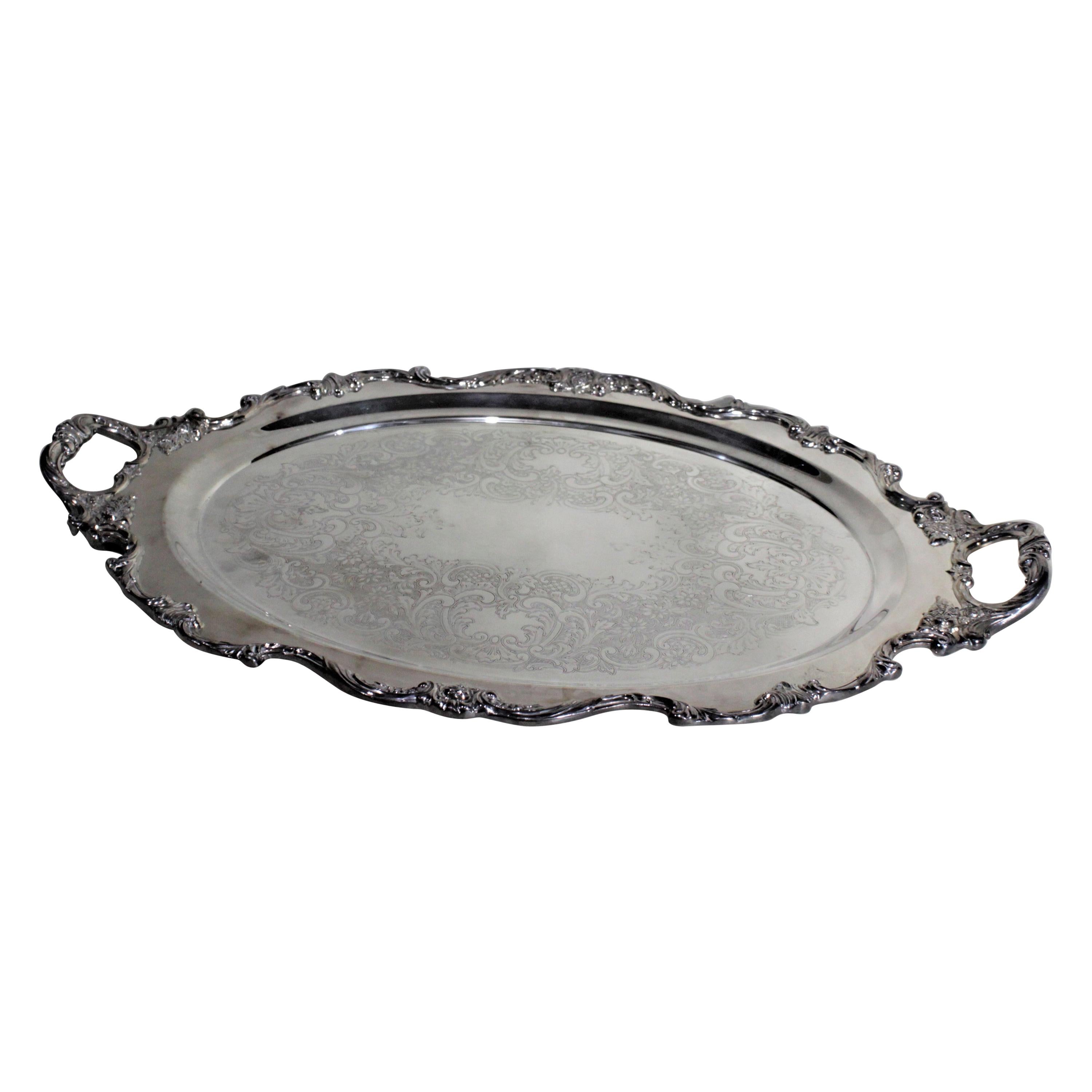 Antique Wallace Silver Plated Oval Serving Tray with Floral Decoration For Sale