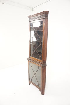 Antique Walnut 2 Part Glam Front Standing Corner Cabinet, Scotland 1920, H172