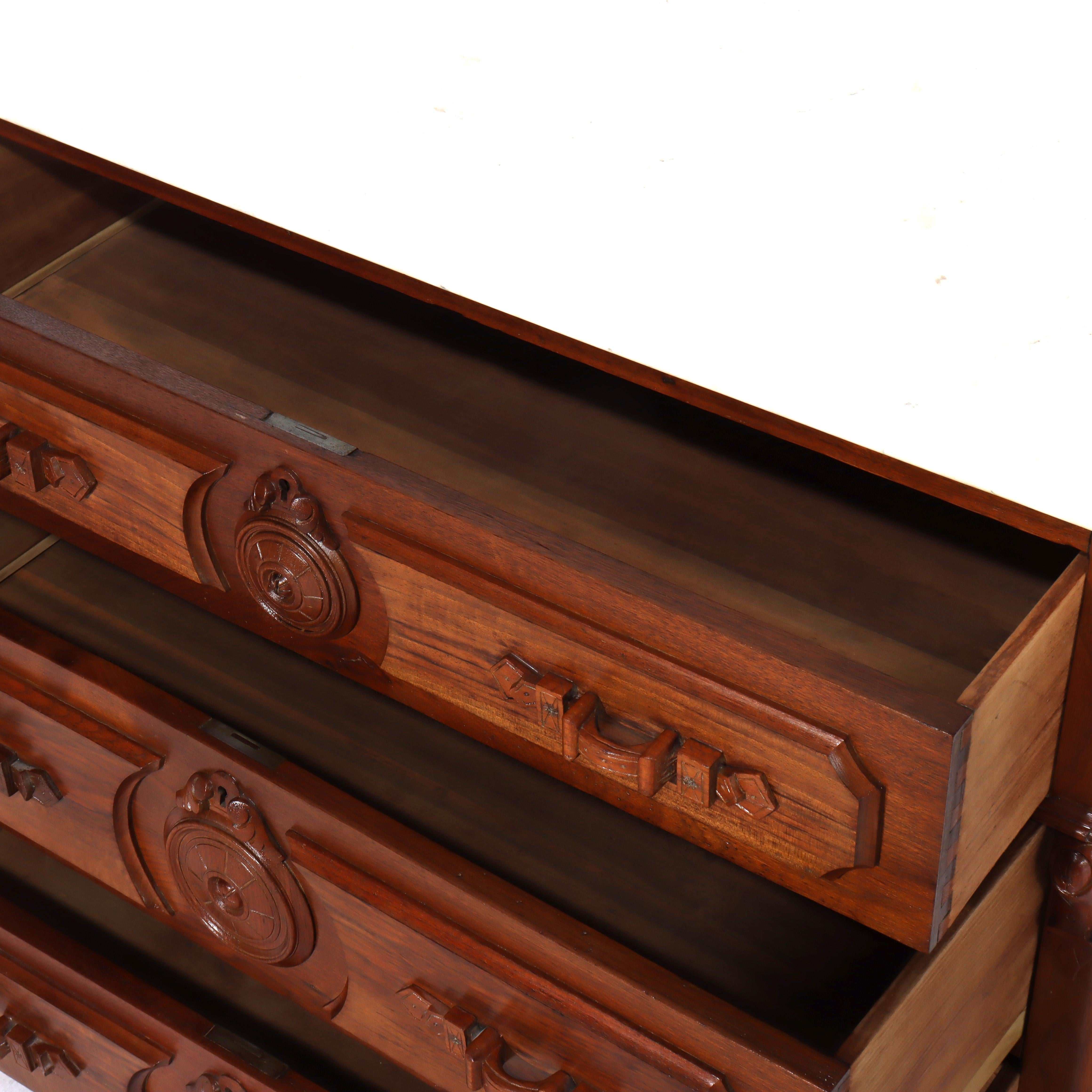 Antique Walnut 3-Drawer Marble Top Chest With Carved Medallions & Pulls c1890 en vente 8