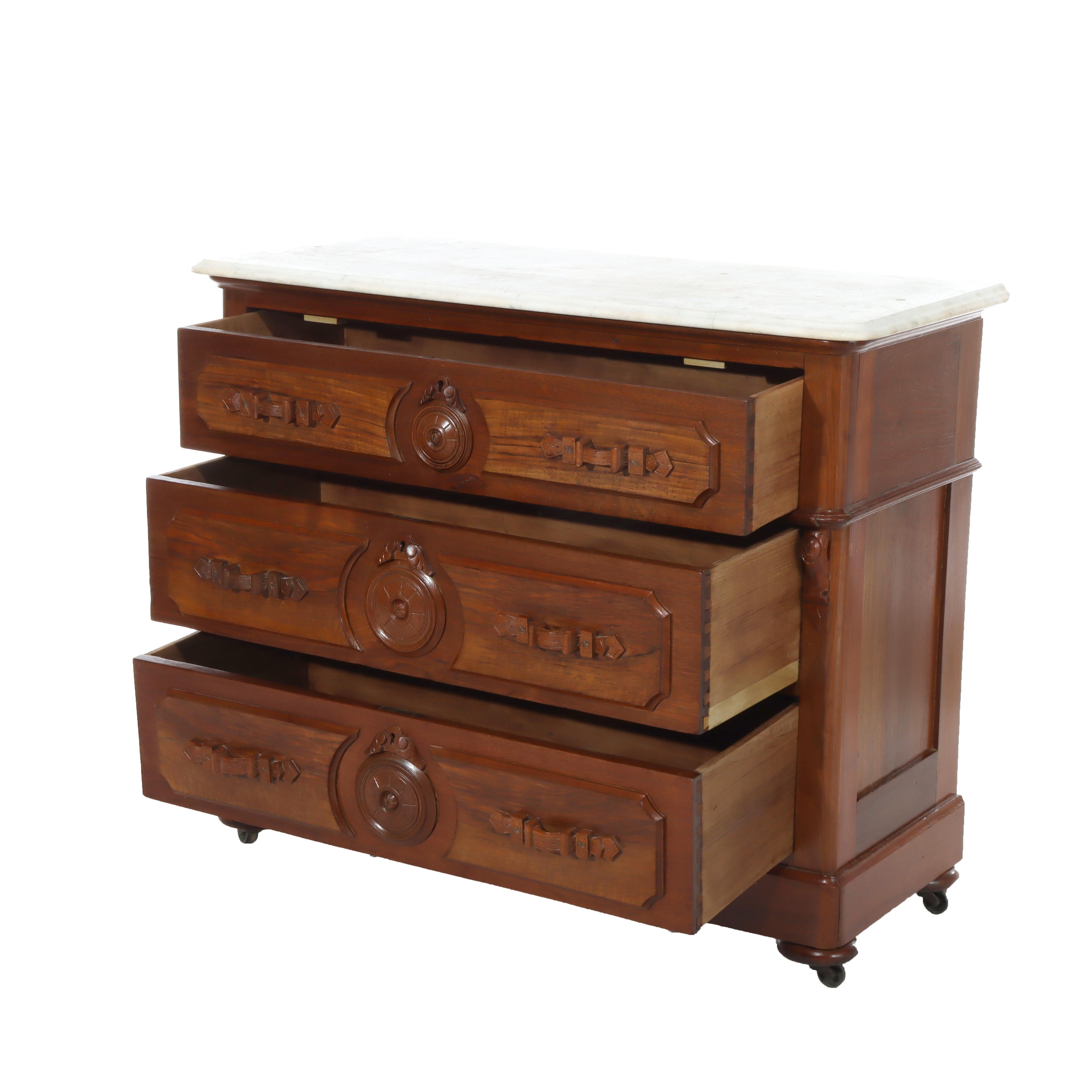 Antique Walnut 3-Drawer Marble Top Chest With Carved Medallions & Pulls c1890 en vente 9