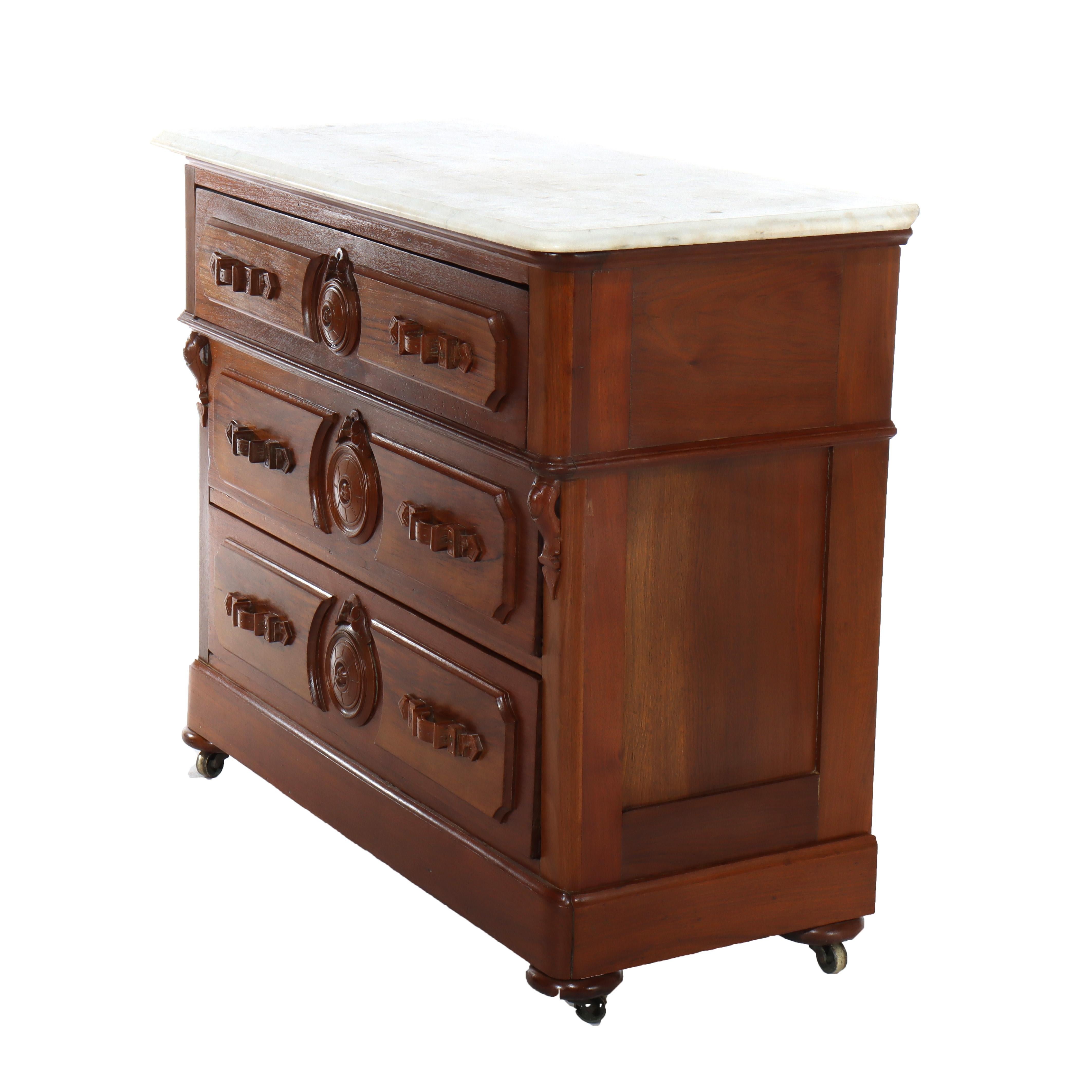 Antique Walnut 3-Drawer Marble Top Chest With Carved Medallions & Pulls c1890 en vente 10