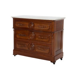 Antique Walnut 3-Drawer Marble Top Chest With Carved Medallions & Pulls c1890