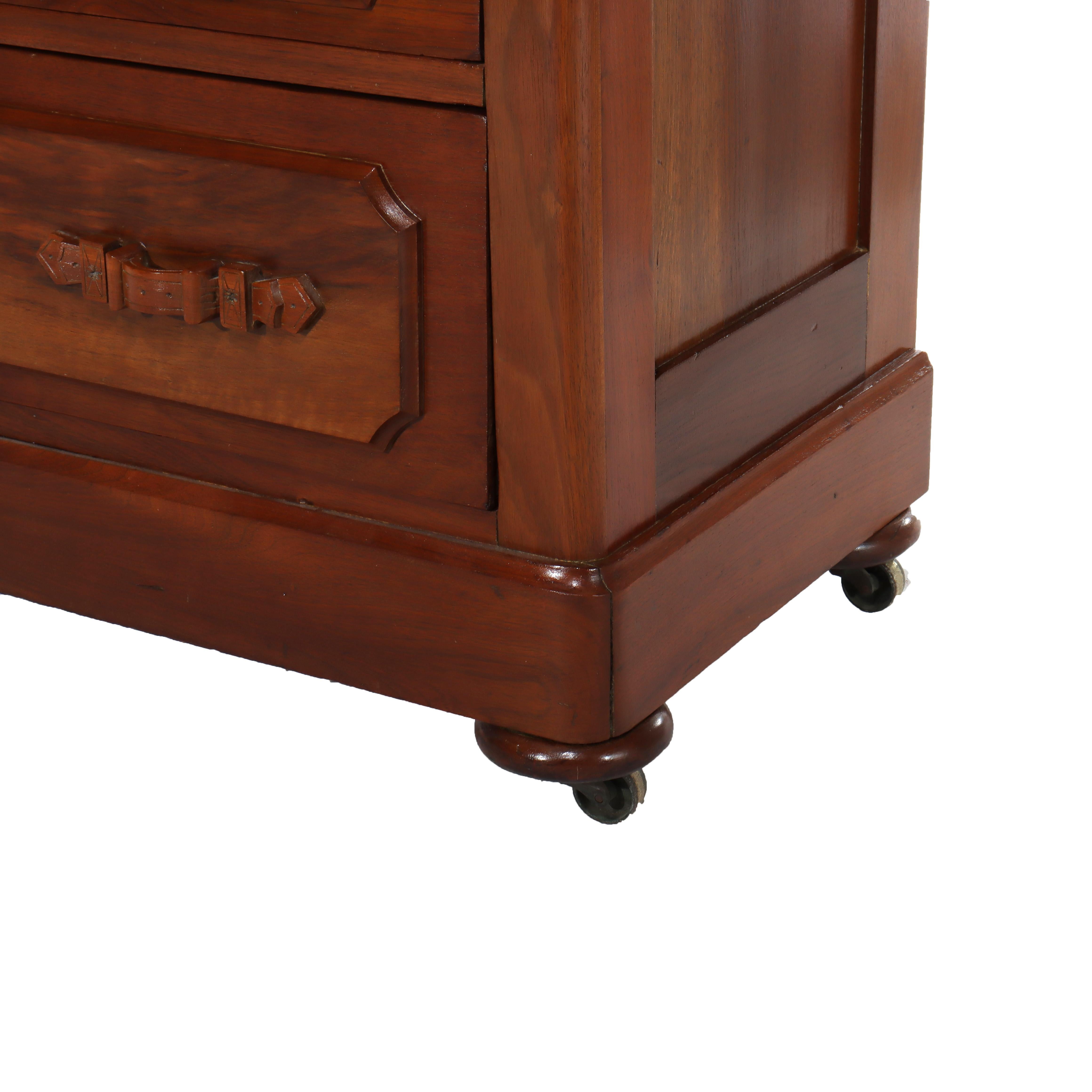 XIXe siècle Antique Walnut 3-Drawer Marble Top Chest With Carved Medallions & Pulls c1890 en vente