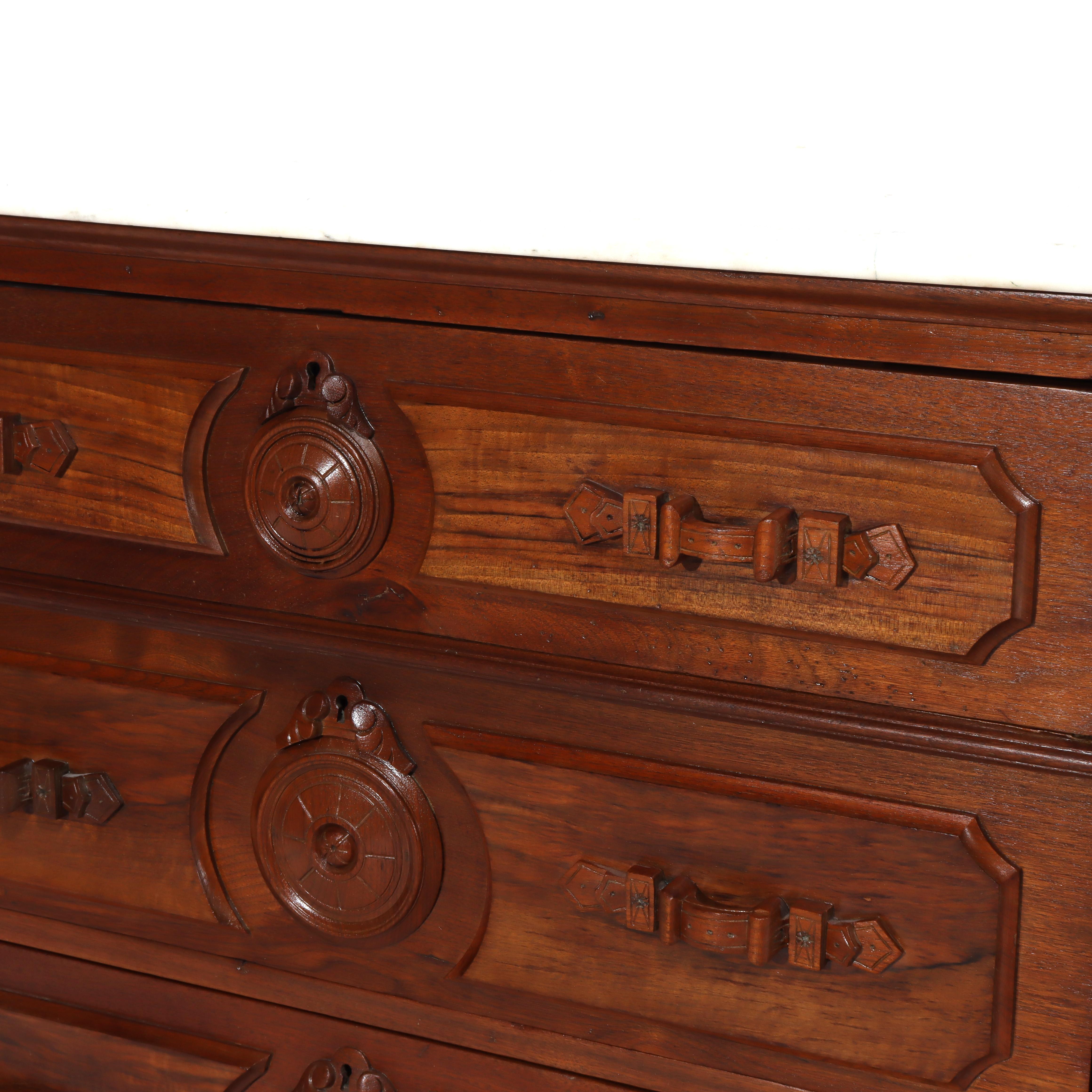 Noyer Antique Walnut 3-Drawer Marble Top Chest With Carved Medallions & Pulls c1890 en vente