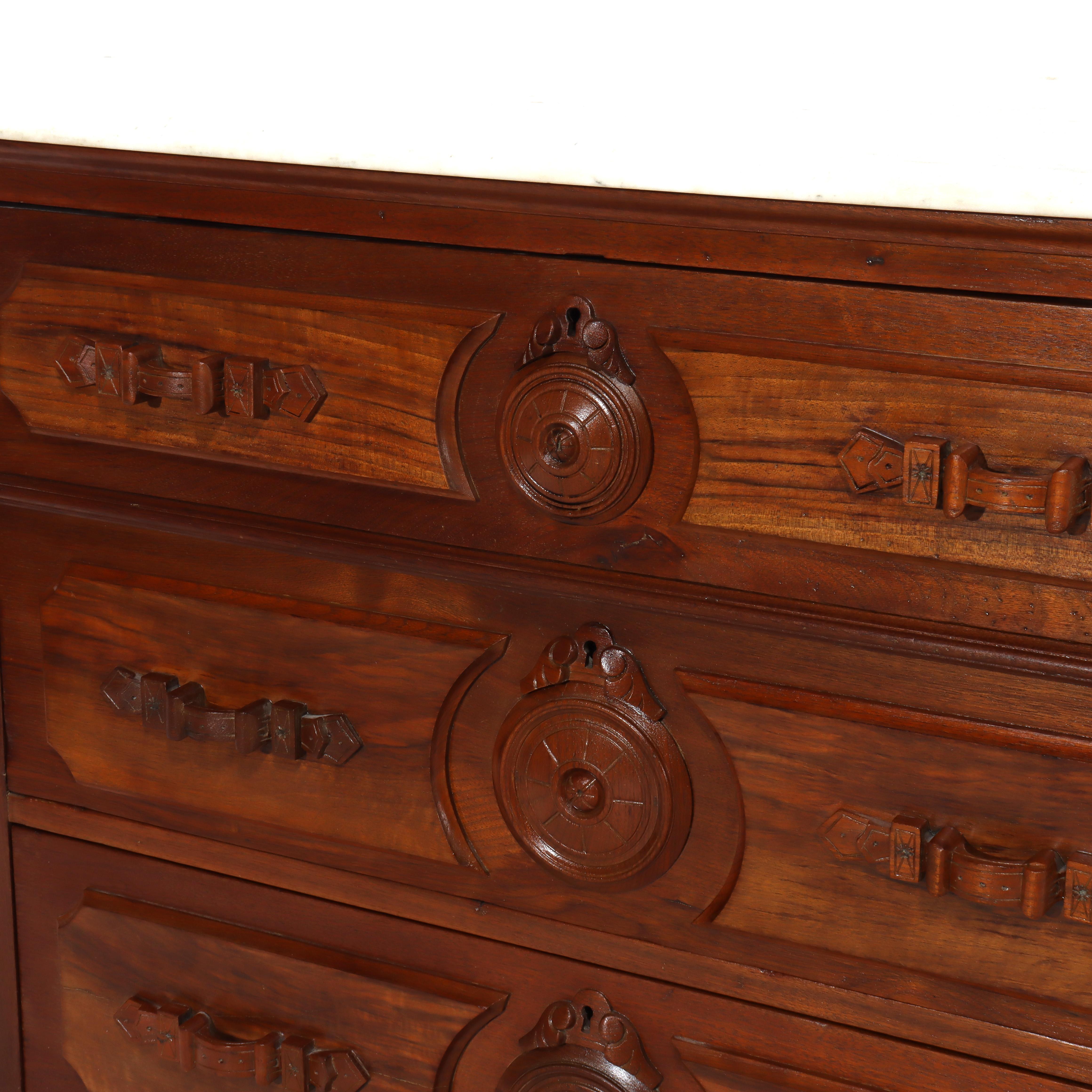 Antique Walnut 3-Drawer Marble Top Chest With Carved Medallions & Pulls c1890 en vente 1