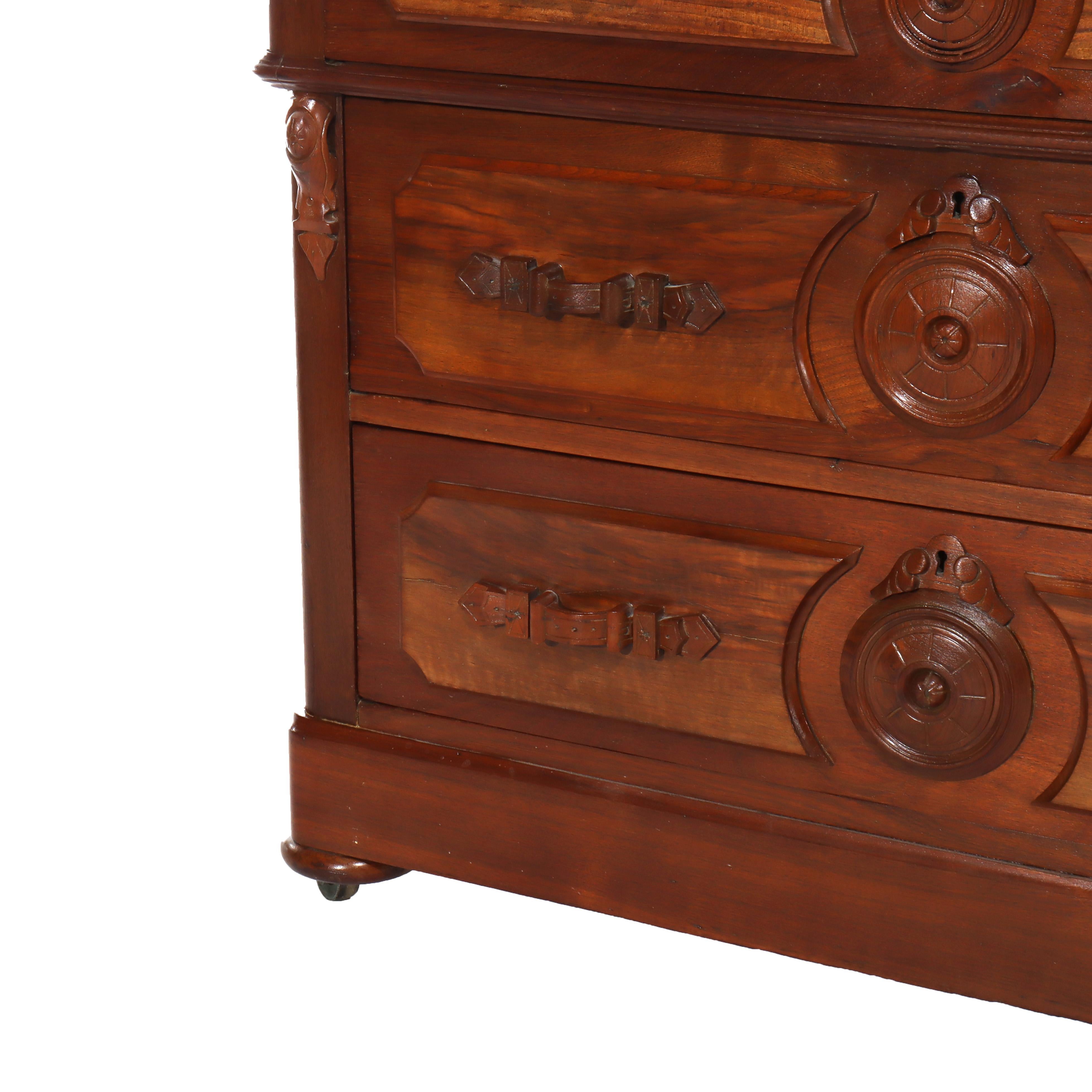 Antique Walnut 3-Drawer Marble Top Chest With Carved Medallions & Pulls c1890 en vente 2
