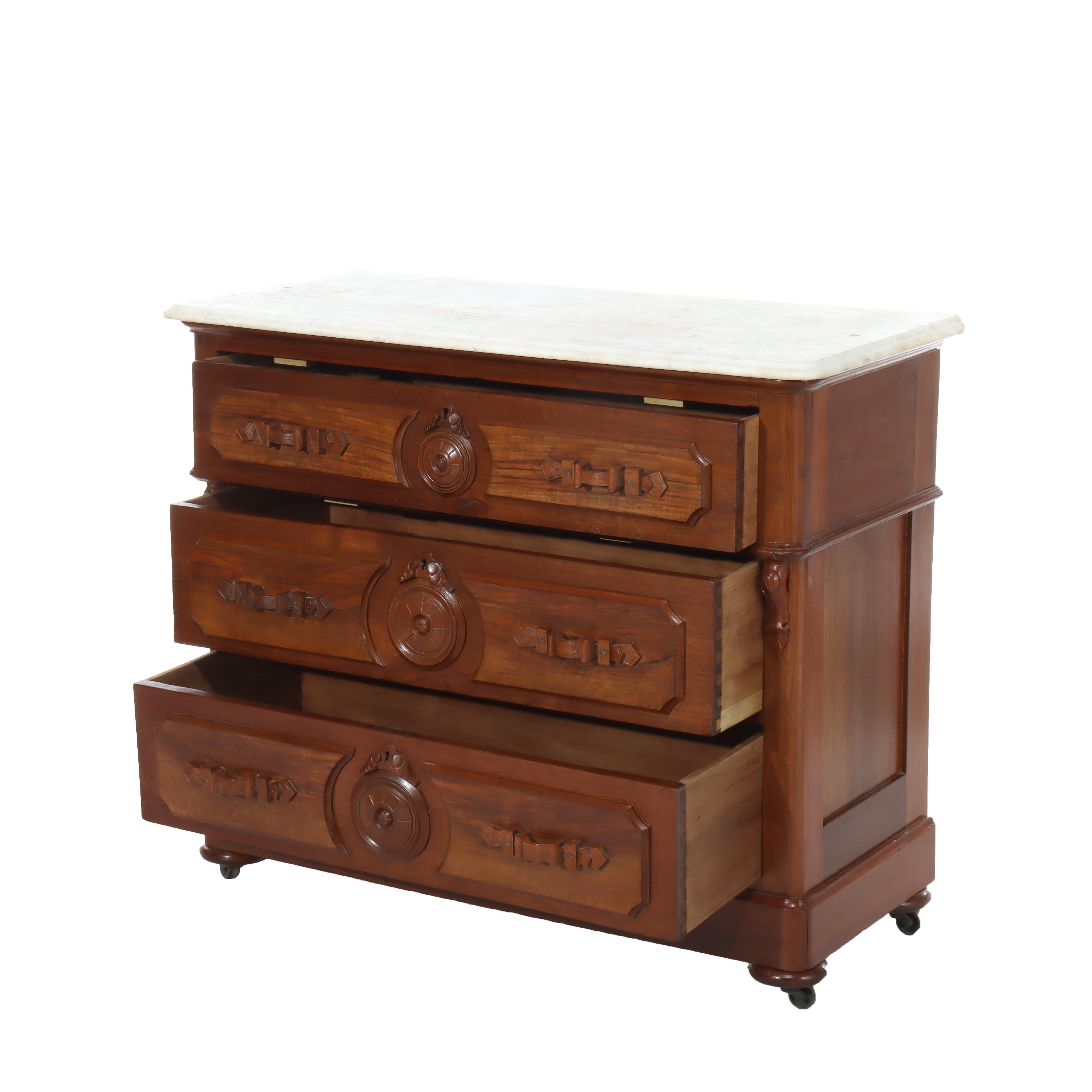 Antique Walnut 3-Drawer Marble Top Chest With Carved Medallions & Pulls c1890 en vente 3