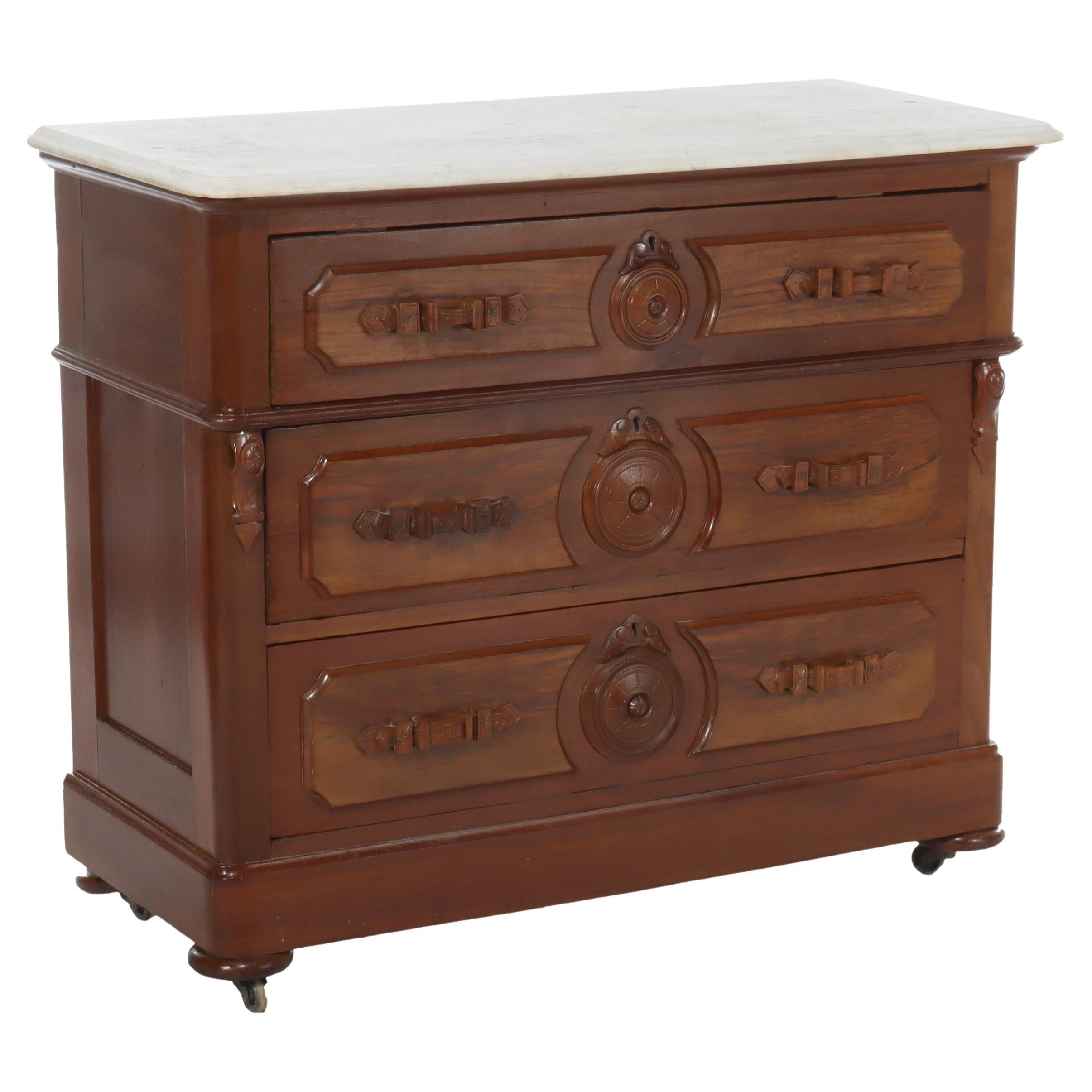 Antique Walnut 3-Drawer Marble Top Chest With Carved Medallions 
Pulls c1890