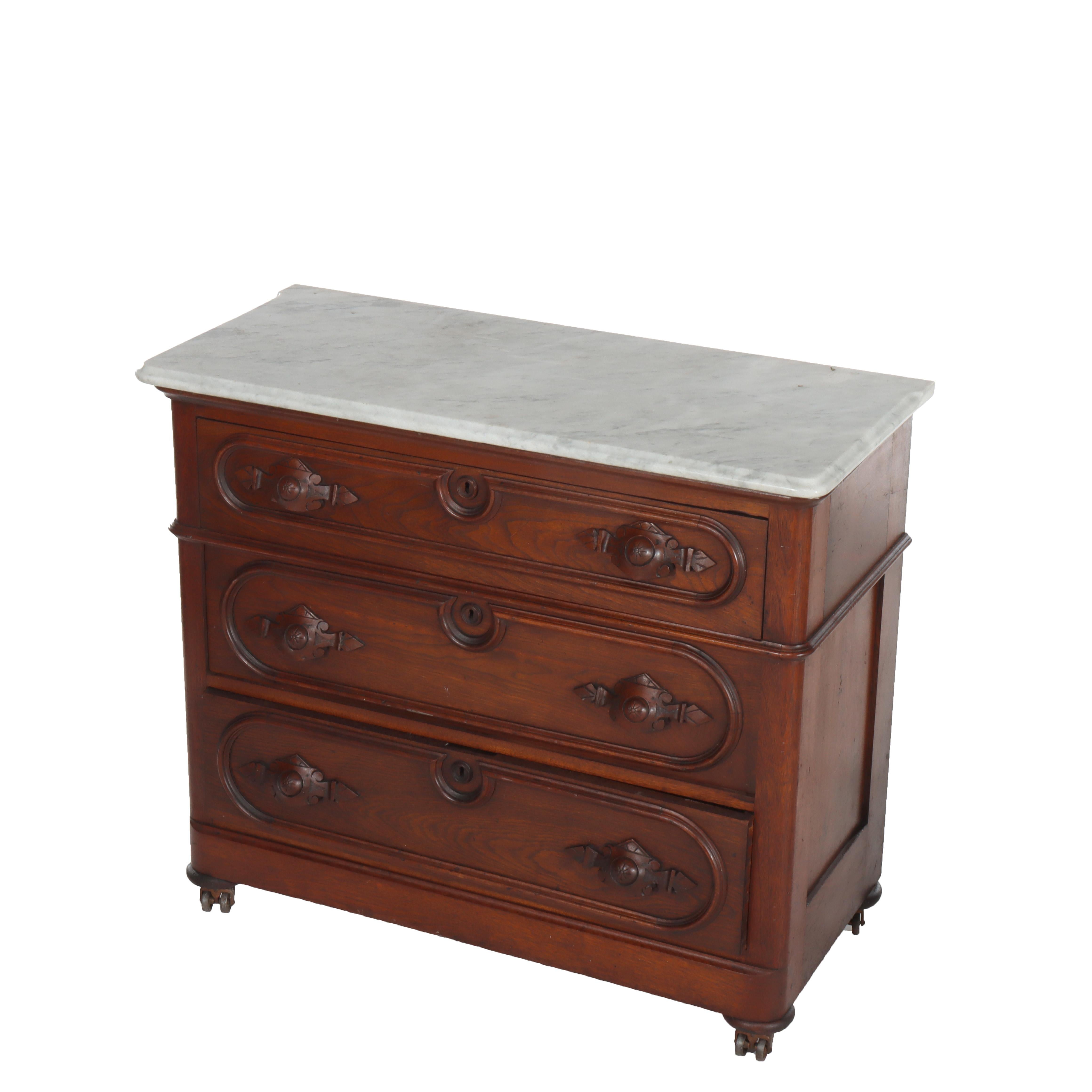 Antique Walnut 3-Drawer Marble Top Commode With Carved Pulls  C1890

Measures - 33 3/8