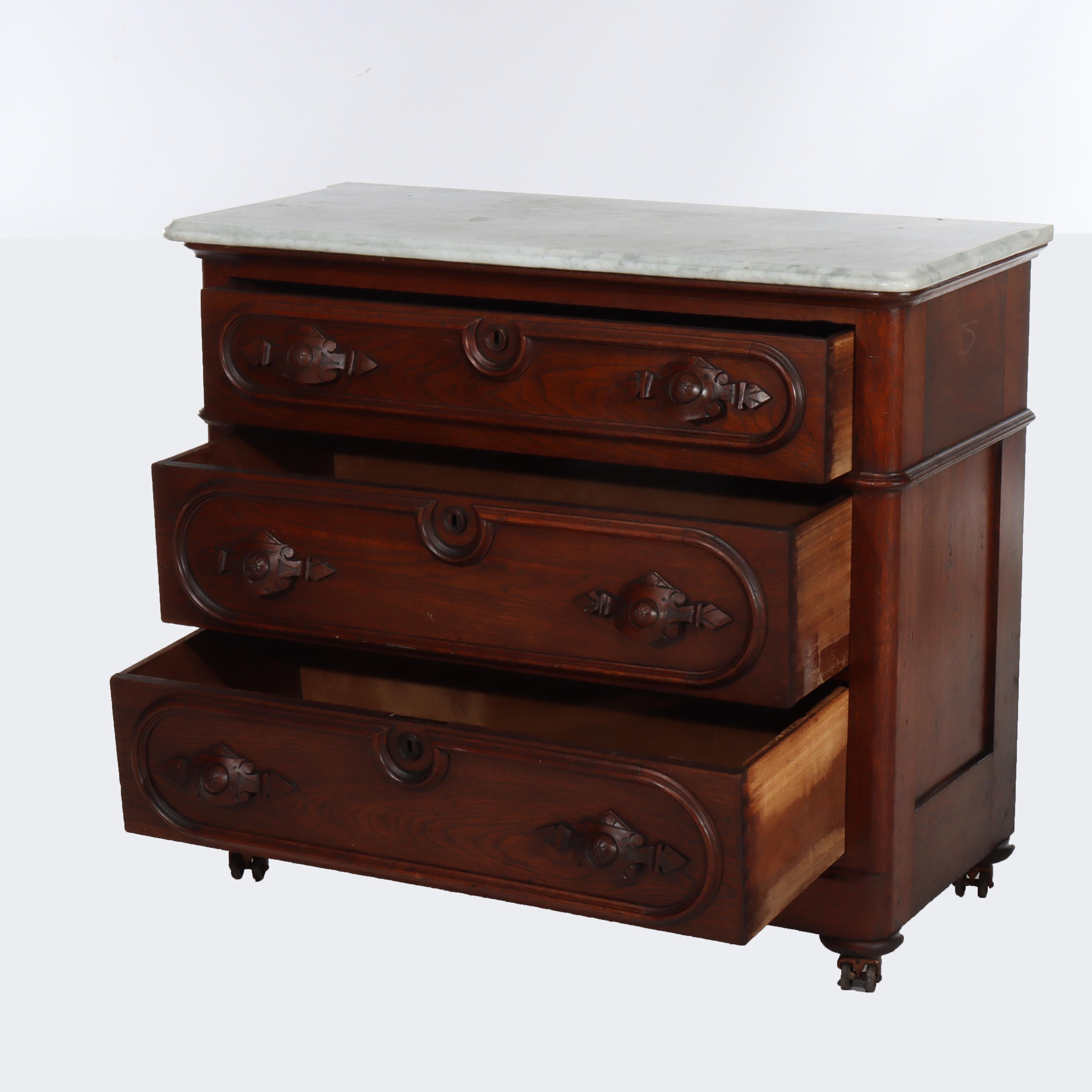 Antique Walnut 3-Drawer Marble Top Commode With Carved Pulls c1890 In condizioni buone in vendita a Big Flats, NY