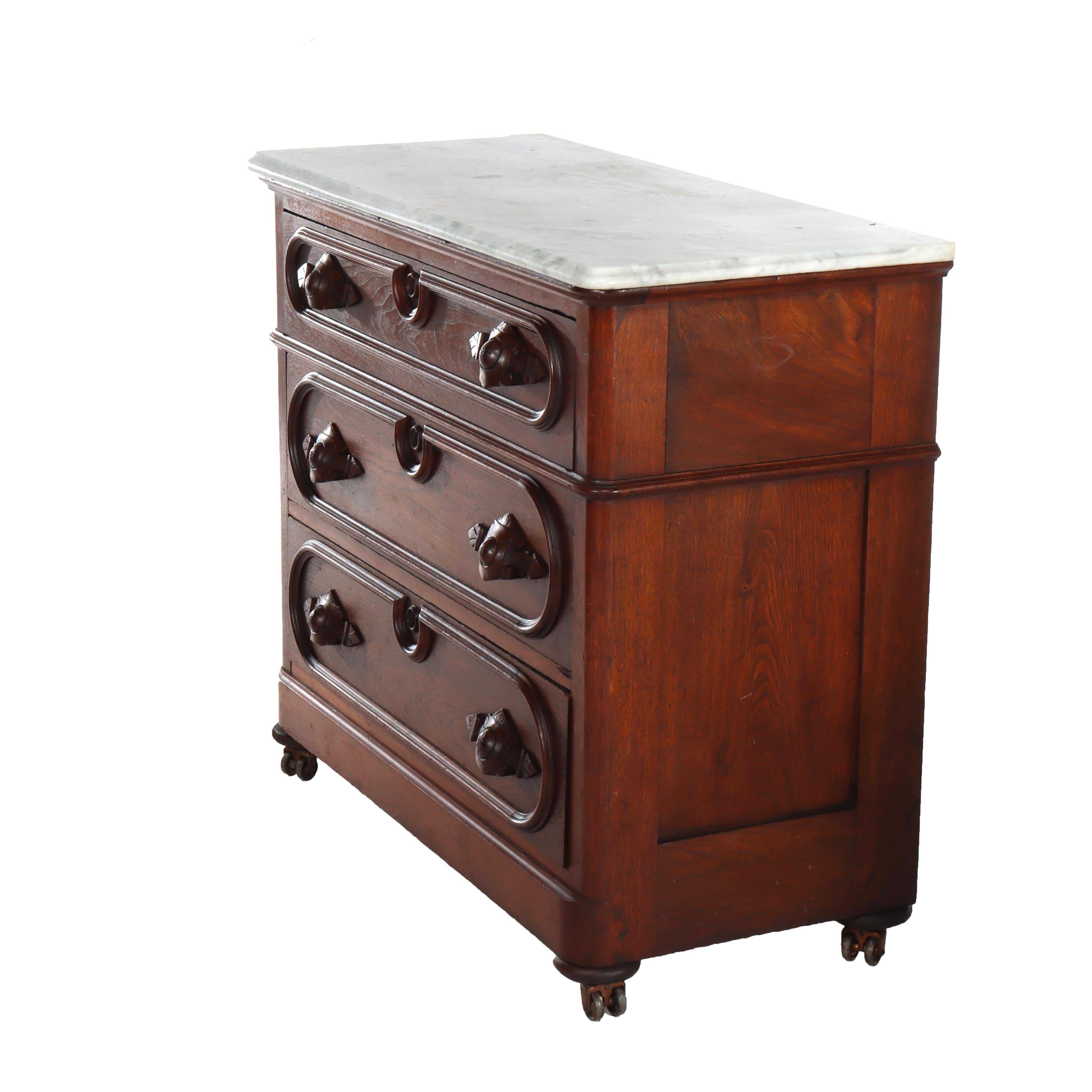 XIX secolo Antique Walnut 3-Drawer Marble Top Commode With Carved Pulls c1890 in vendita