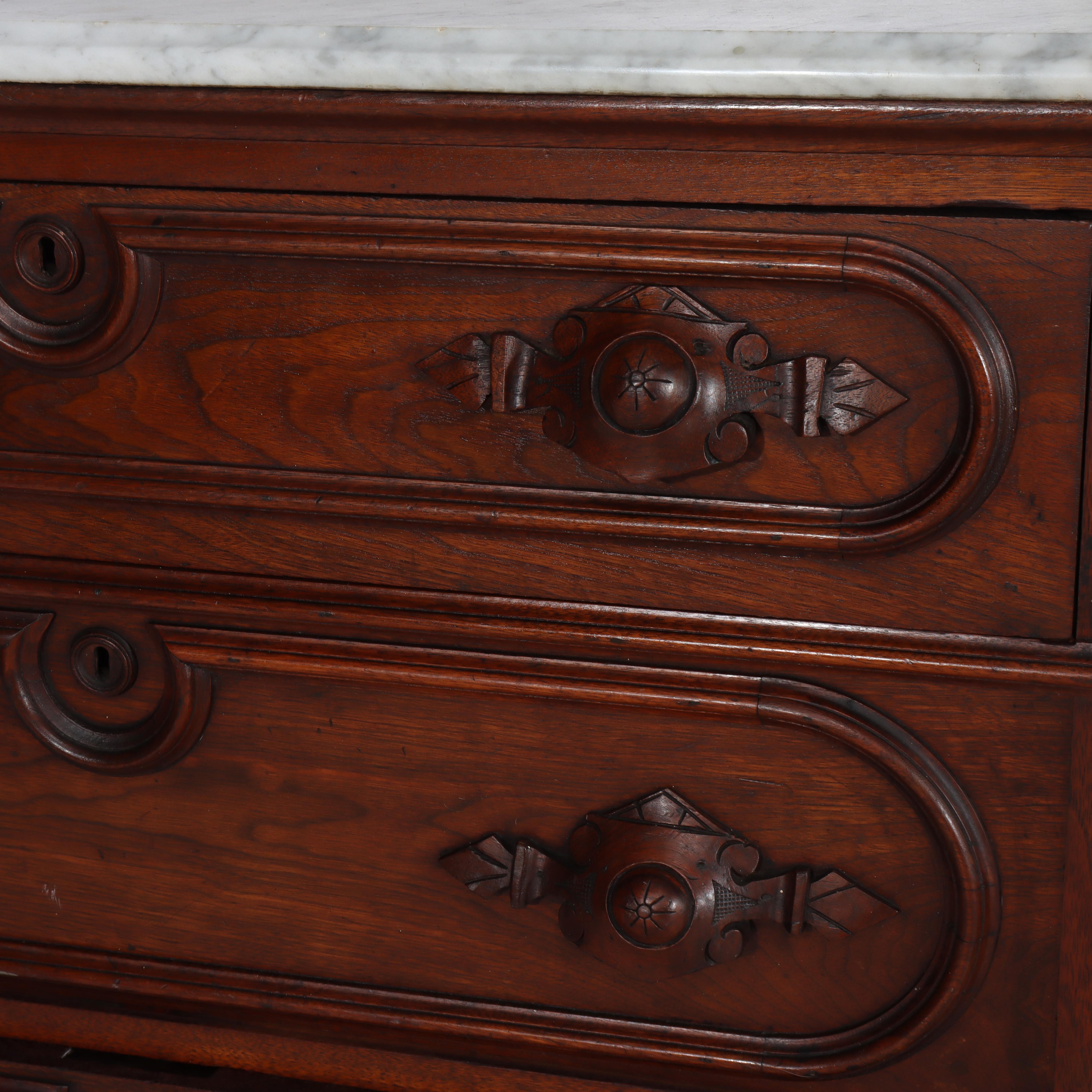 Antique Walnut 3-Drawer Marble Top Commode With Carved Pulls c1890 in vendita 2