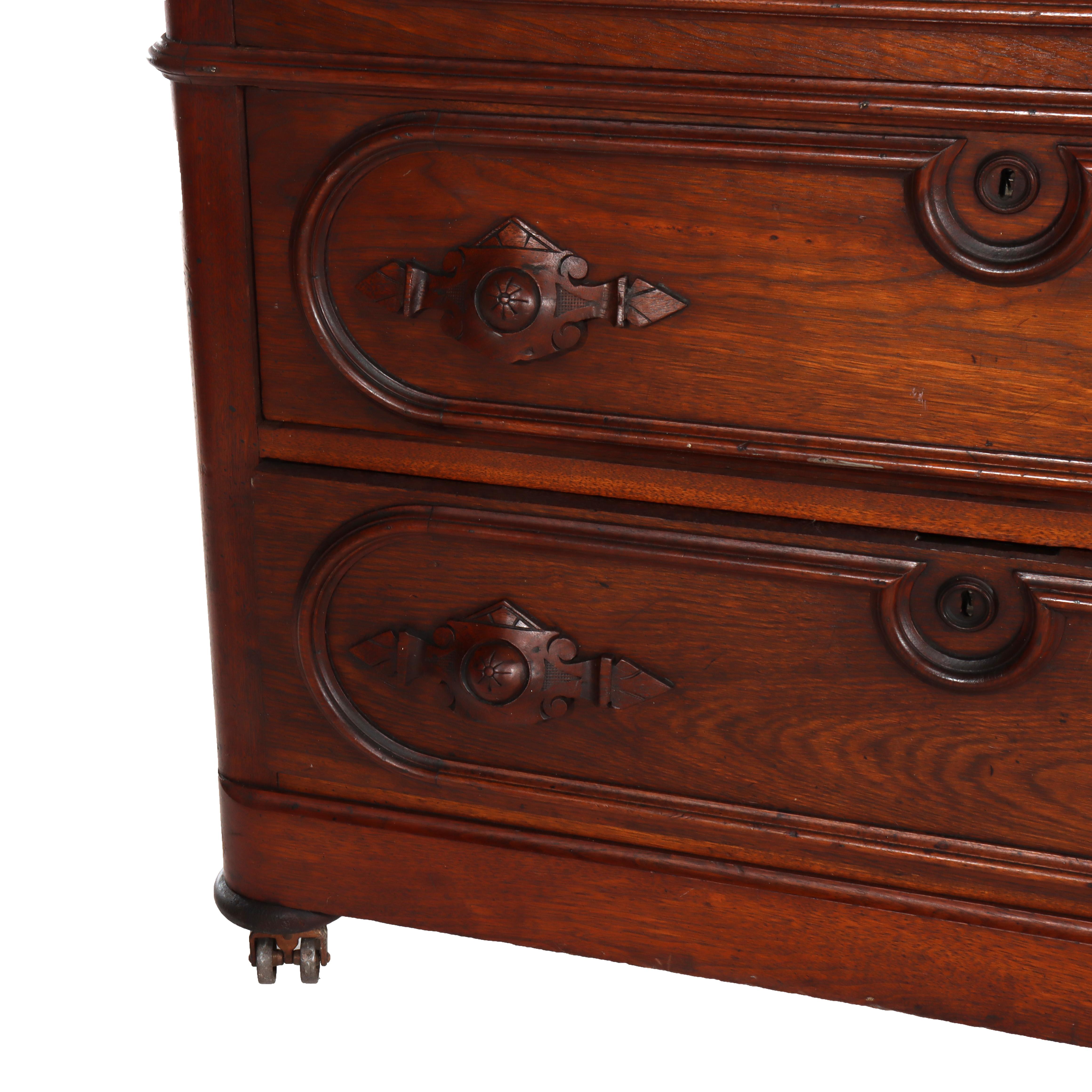 Antique Walnut 3-Drawer Marble Top Commode With Carved Pulls c1890 in vendita 3
