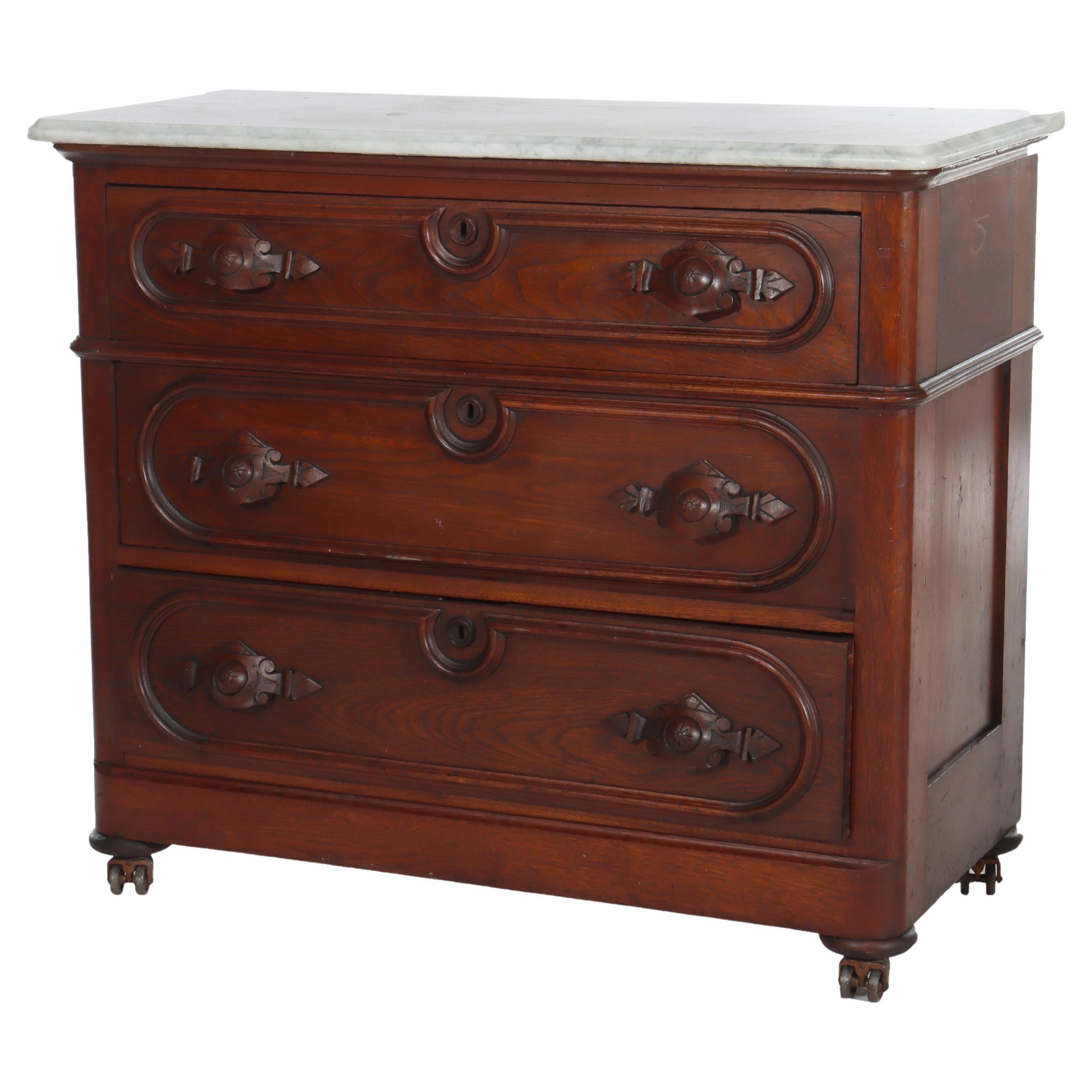 Antique Walnut 3-Drawer Marble Top Commode With Carved Pulls c1890 in vendita