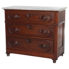 Antique Walnut 3-Drawer Marble Top Commode With Carved Pulls c1890