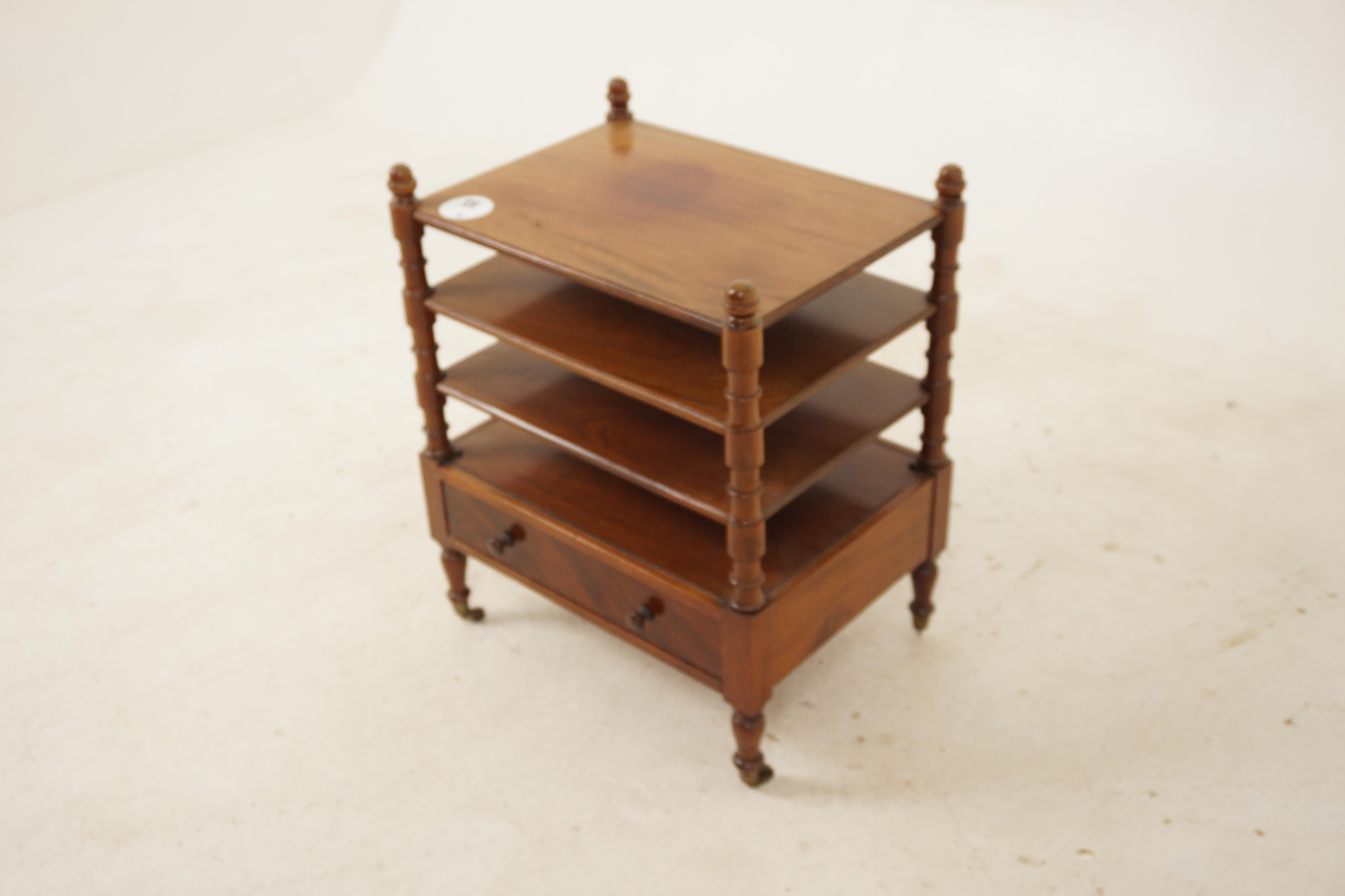 Antique walnut 3 tiered end table with drawer, Scotland 1890, H927

Scotland 1890
Solid Walnut
Original Finish
Rectangular top with four turned supports on each corner
Single dovetailed drawers below
All standing on four short turned legs