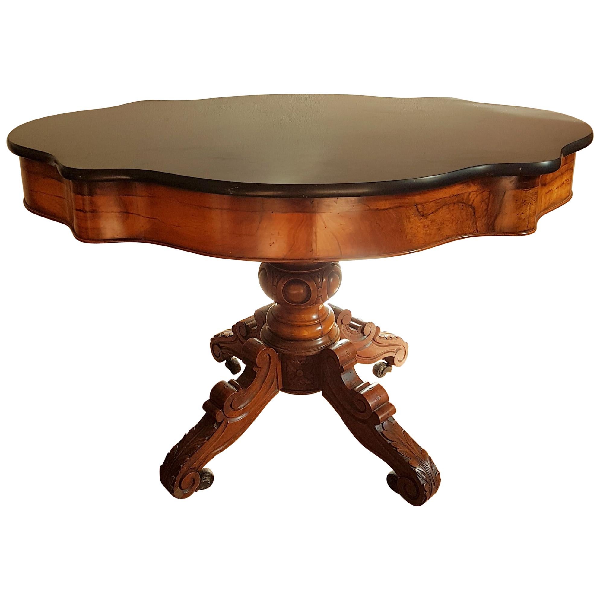 Antique Walnut Burl Wood MarbleTop Pedestal Table with Ebonized Trim