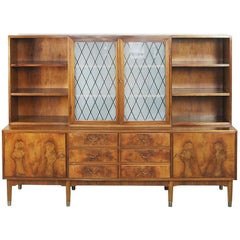 Antique Walnut and Burl Swedish Buffet with Glass Vitrine, 1940s