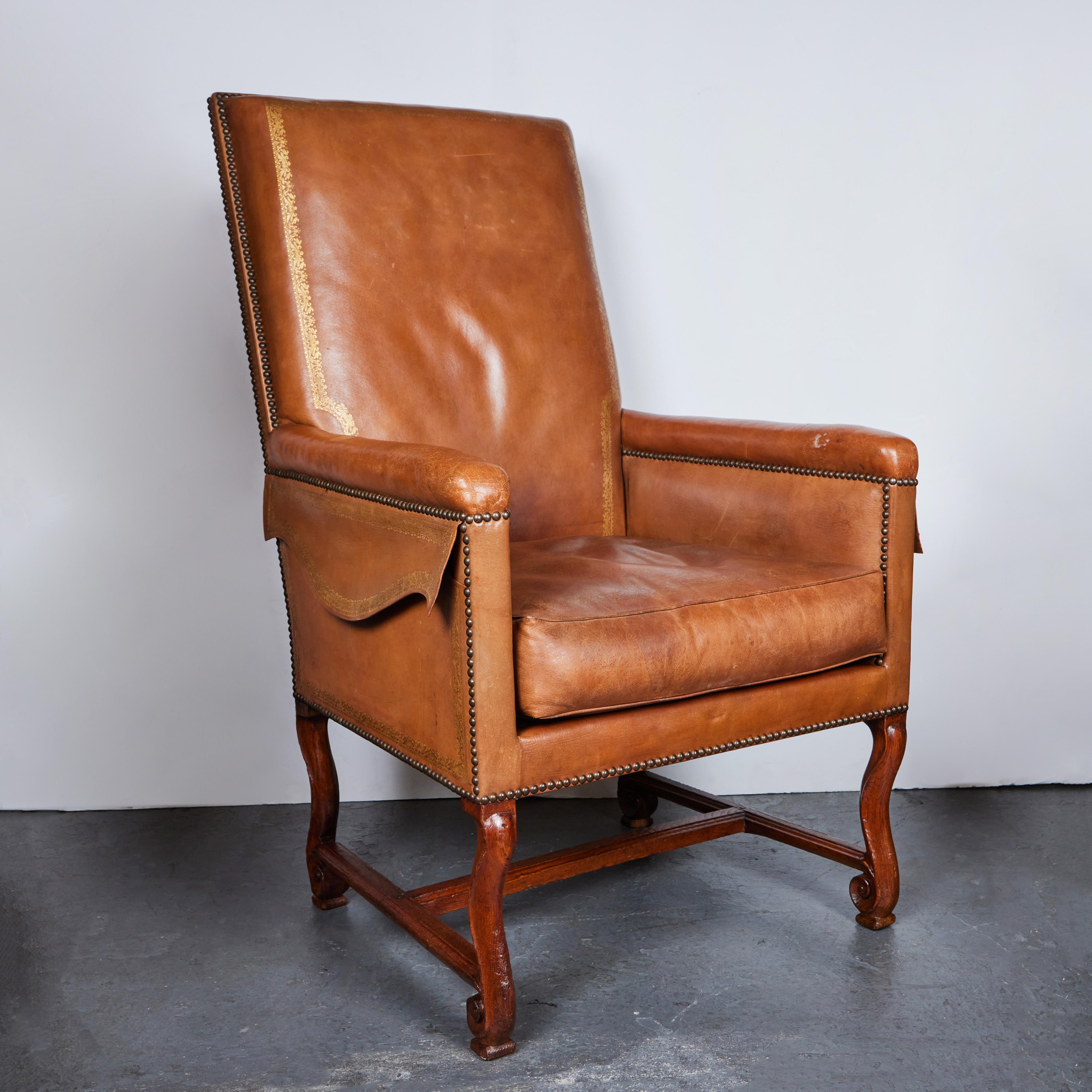 Italian Antique Walnut and Leather Armchair