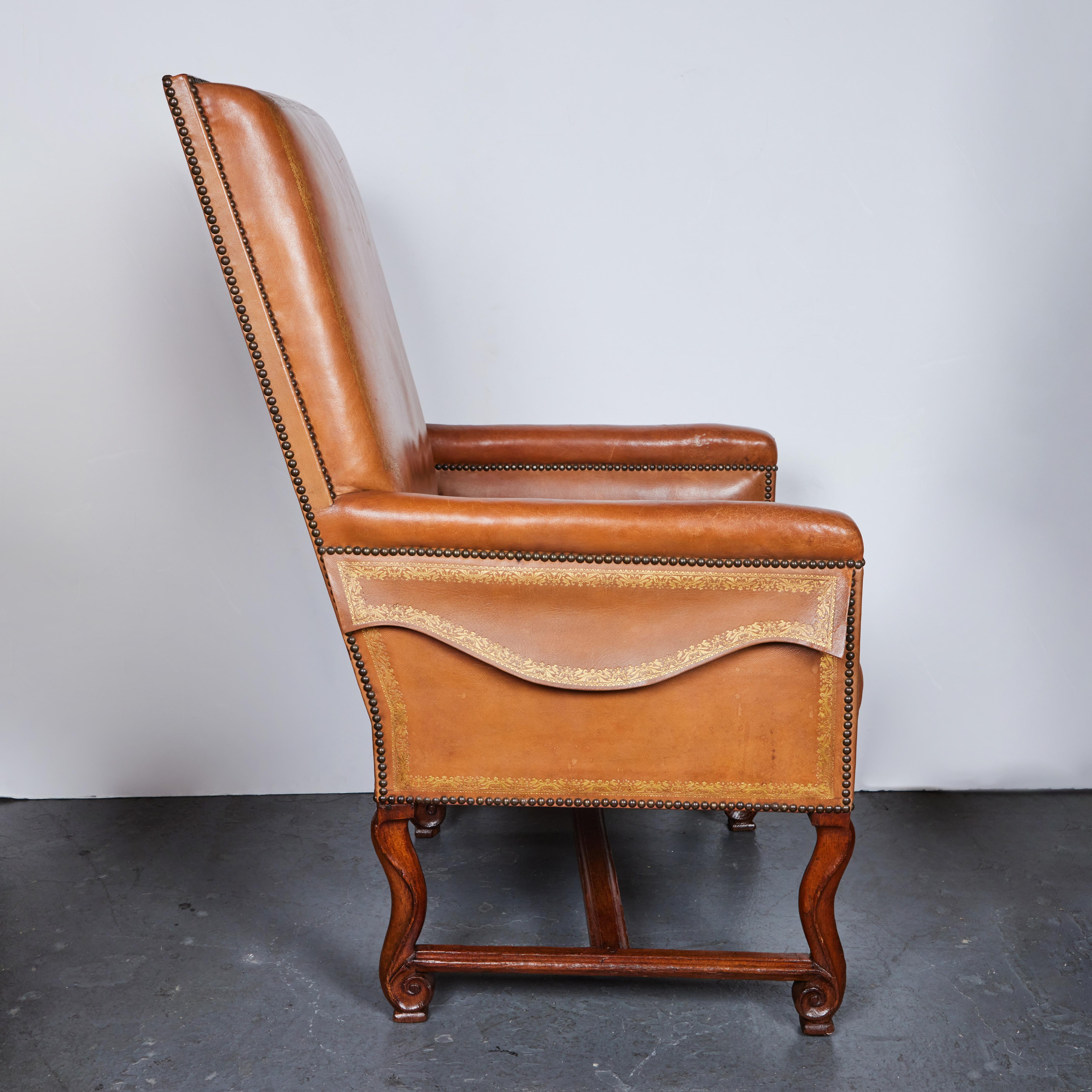Hand-Carved Antique Walnut and Leather Armchair