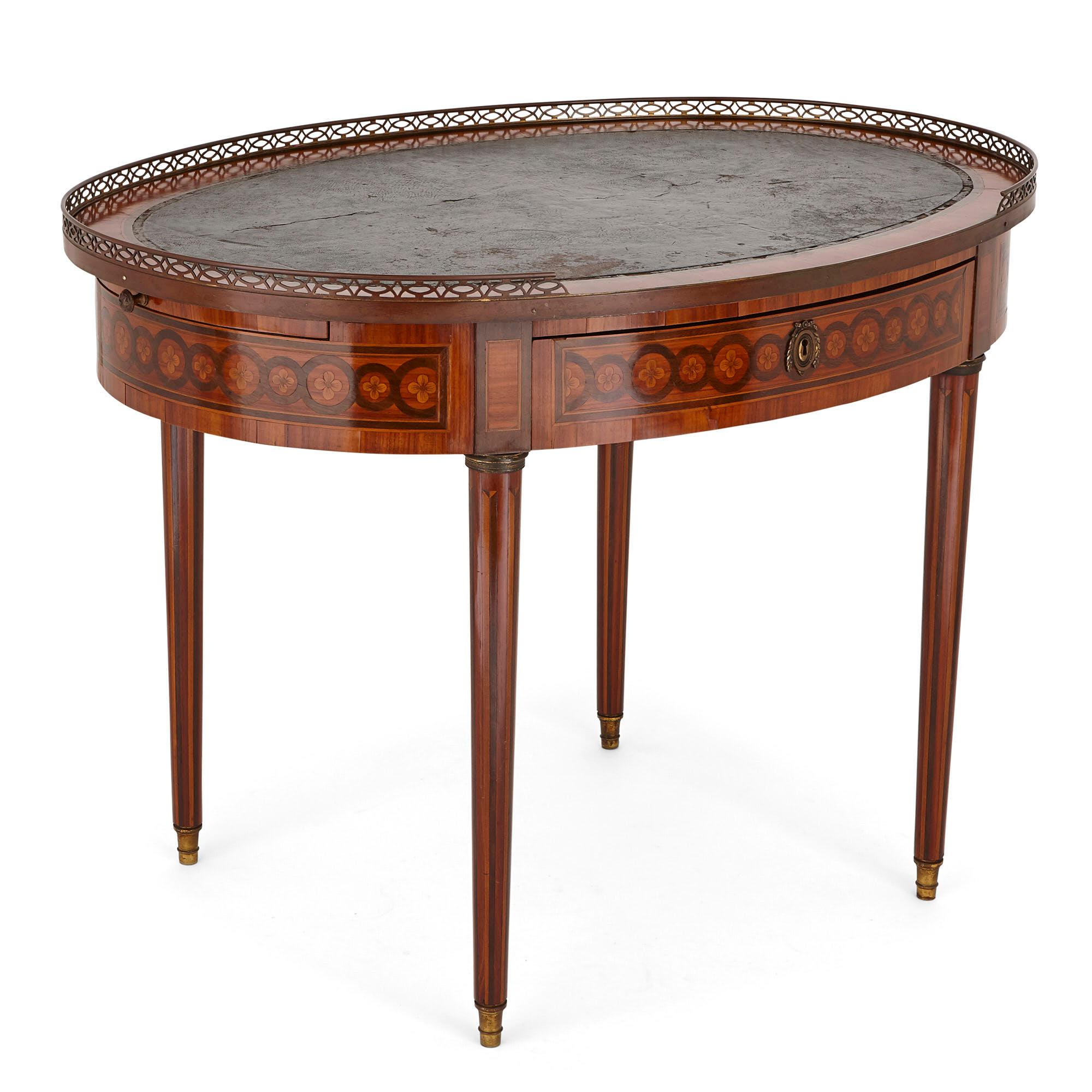 This elegant writing desk was created in France in the late 18th century, during the reign of King Louis XVI (1774-1792). The desk is designed in a refined neoclassical style which was fashionable in this period.

The walnut writing desk is