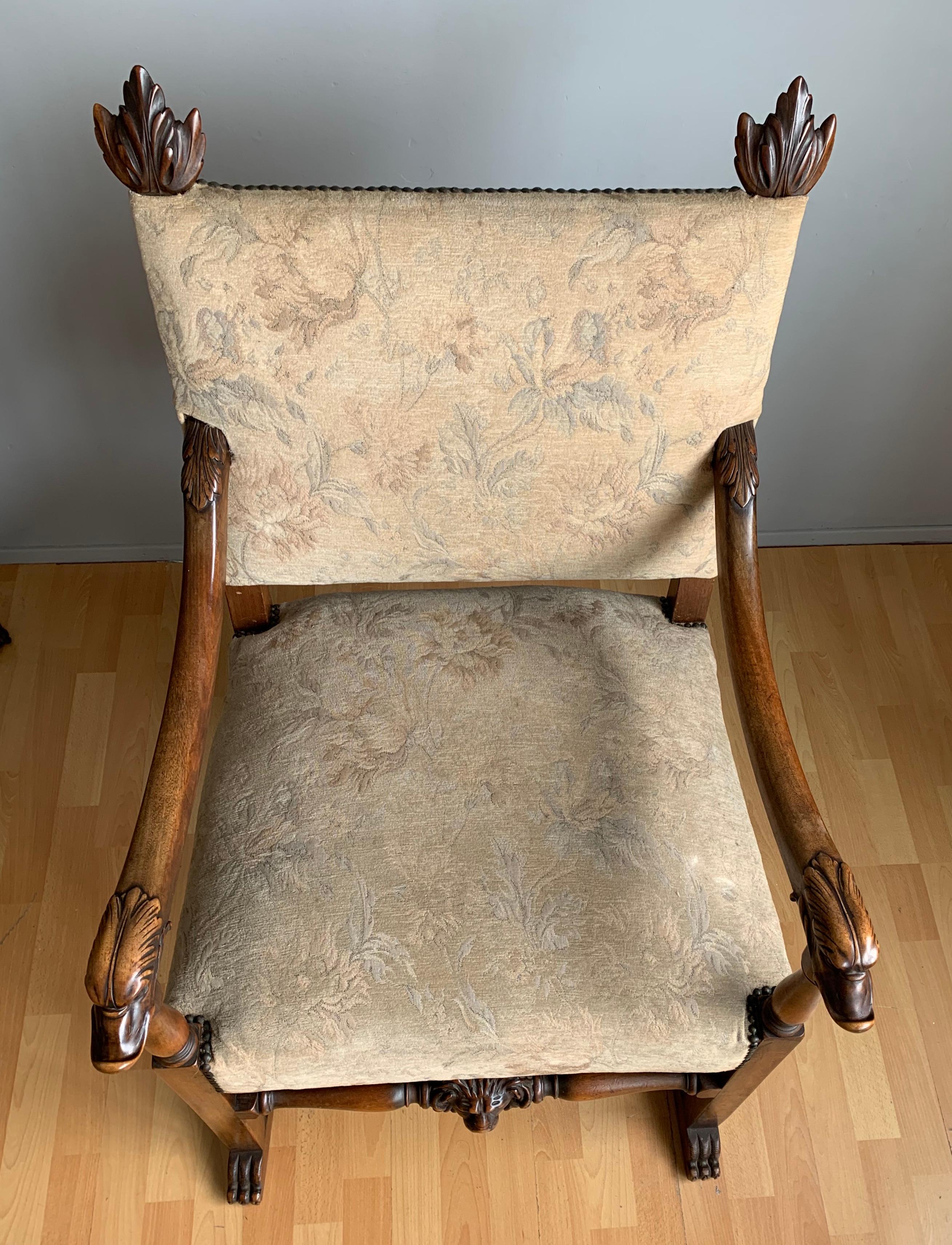 Fabric Walnut Armchair with Hand Carved Lion Head and Swan Sculptures as Armrests For Sale