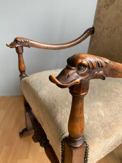Walnut Armchair with Hand Carved Lion Head and Swan Sculptures as Armrests