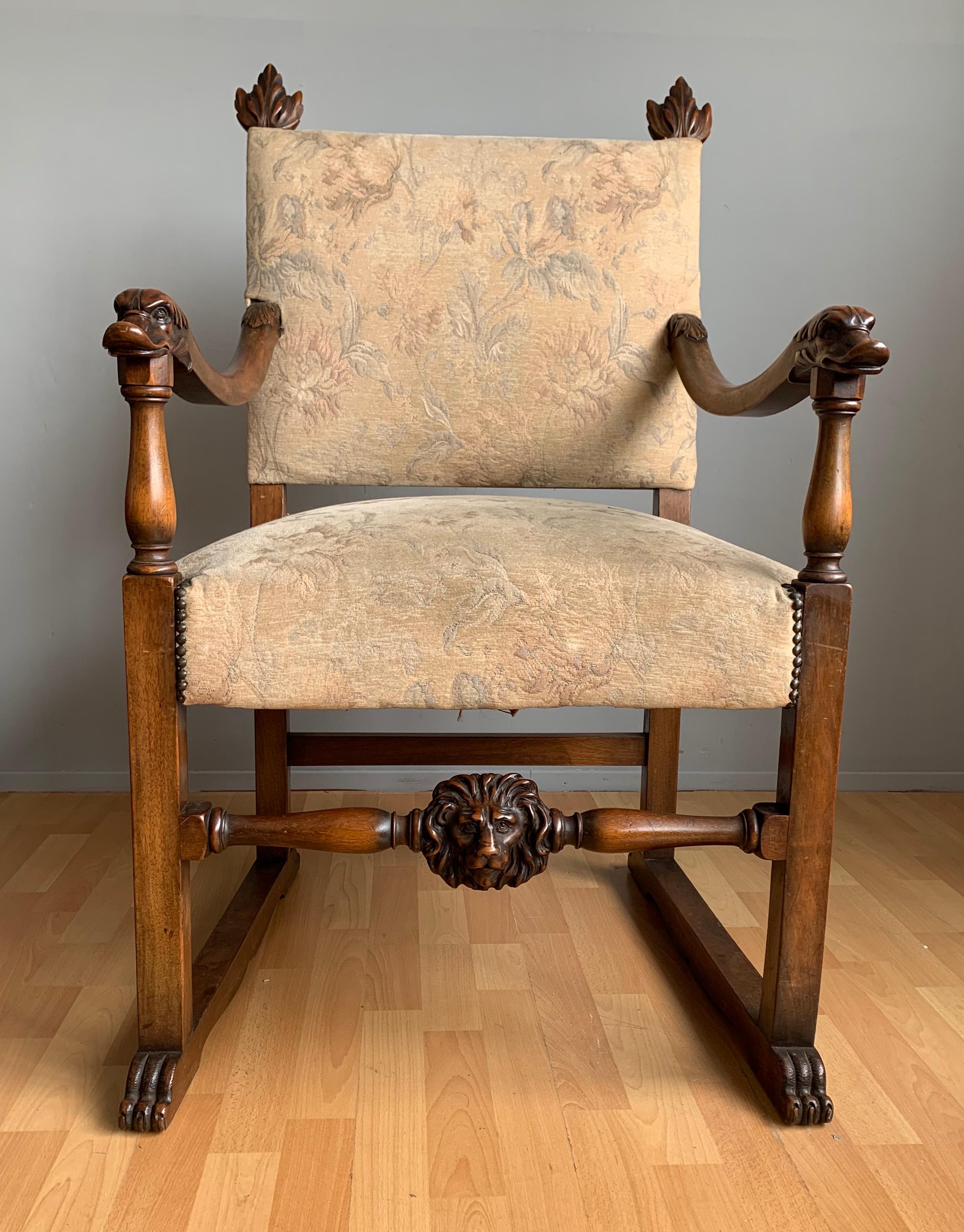 Gothic Revival Walnut Armchair with Hand Carved Lion Head and Swan Sculptures as Armrests For Sale