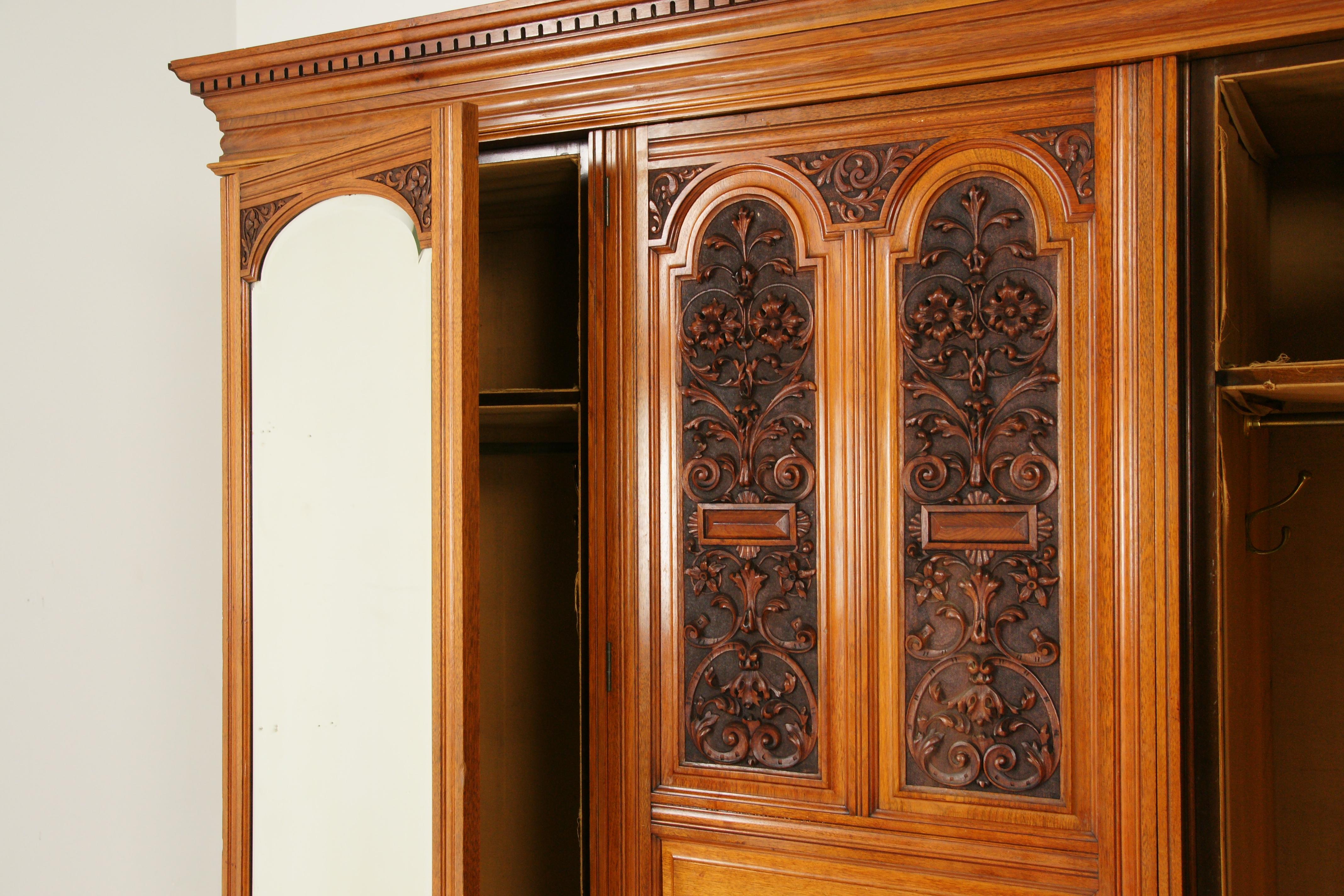 Antique Walnut Armoire, Carved 3-Door Compaction Wardrobe, Scotland, 1880 1