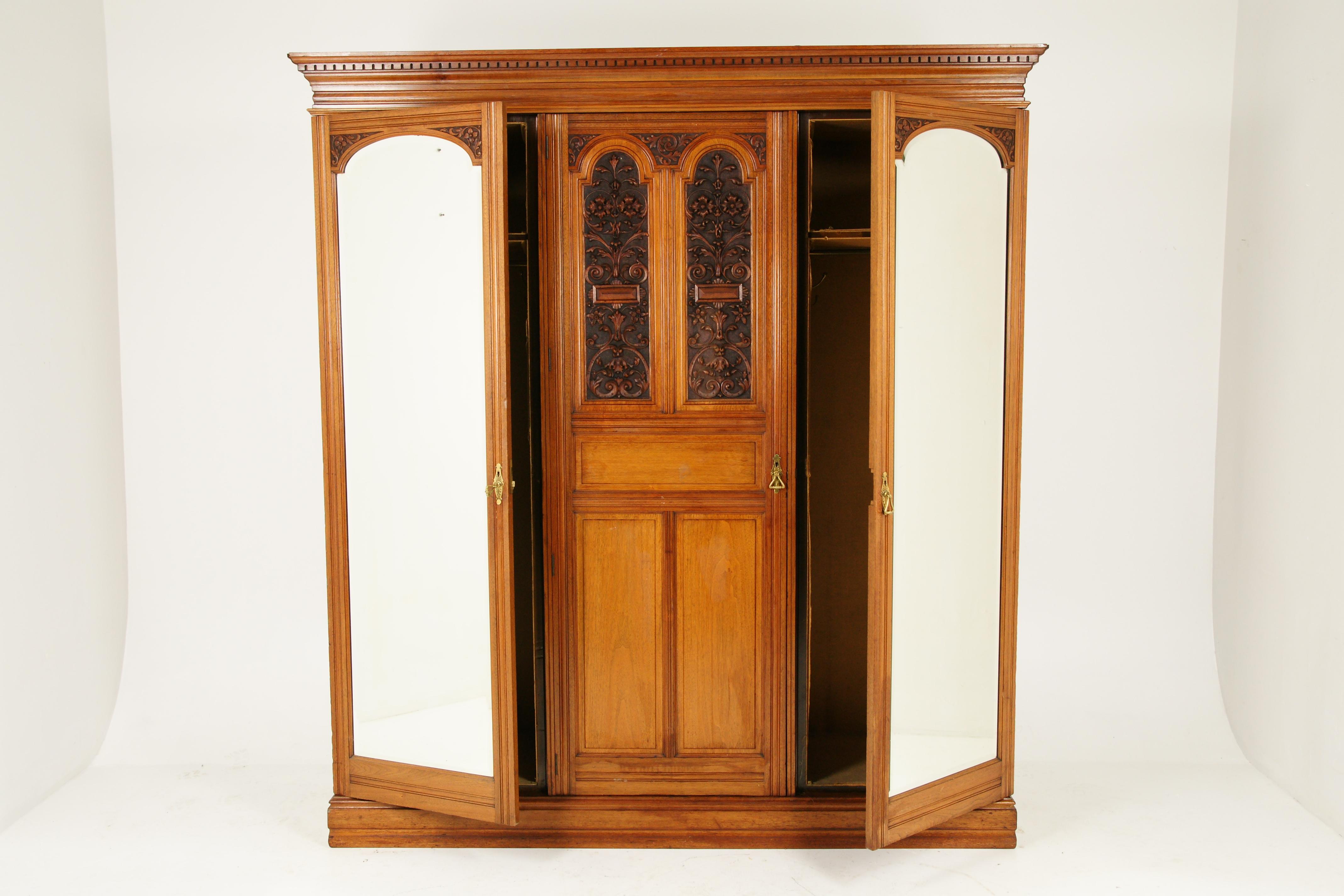 Scottish Antique Walnut Armoire, Carved 3-Door Compaction Wardrobe, Scotland, 1880