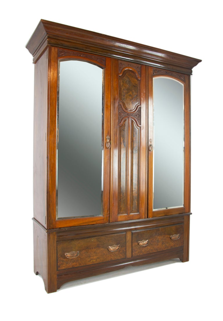 Antique Walnut Armoire, ThreeDoor Armoire, Vintage Wardrobe, Scotland, 1895 at 1stDibs