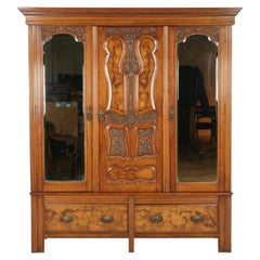 Antique Walnut Armoire, Wardrobe, Triple Door Closet, Scotland 1890, B1613