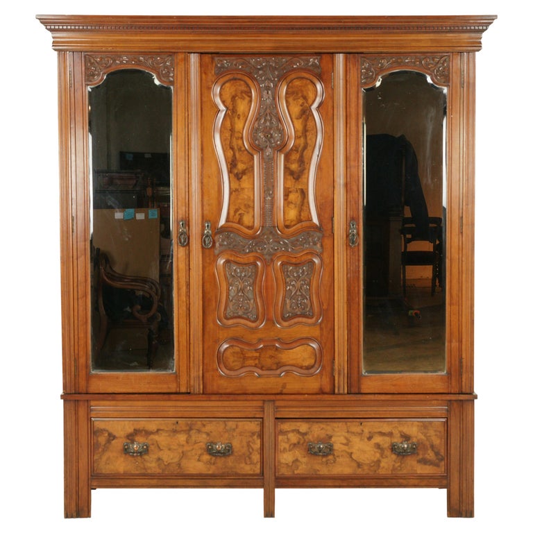 Antique Walnut Armoire, Wardrobe, Triple Door Closet, Scotland 1890, B1613 at 1stDibs