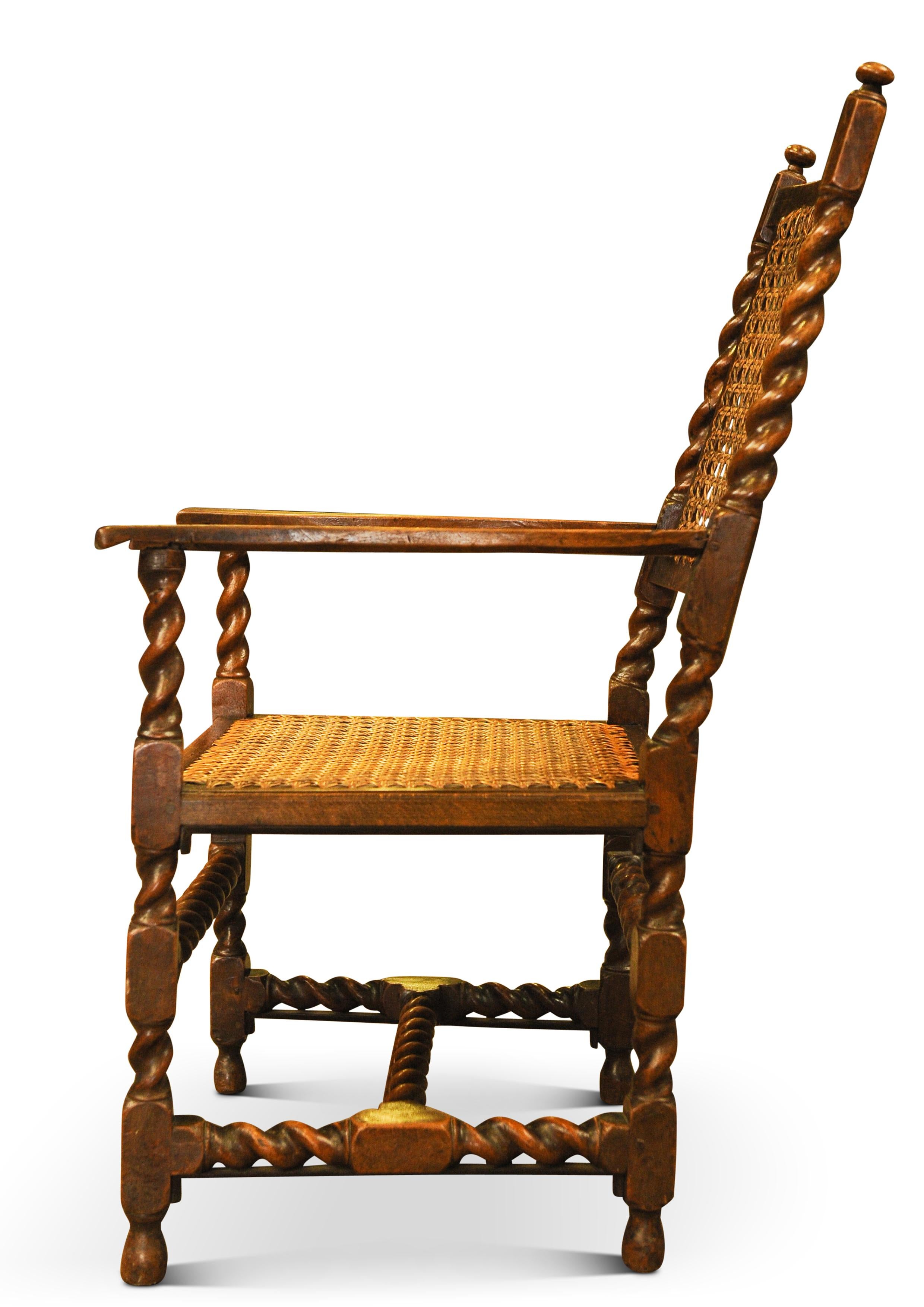 Aesthetic Movement Antique Walnut Barley Twist Library Armchair with Cane Seat & Rear 1850s For Sale
