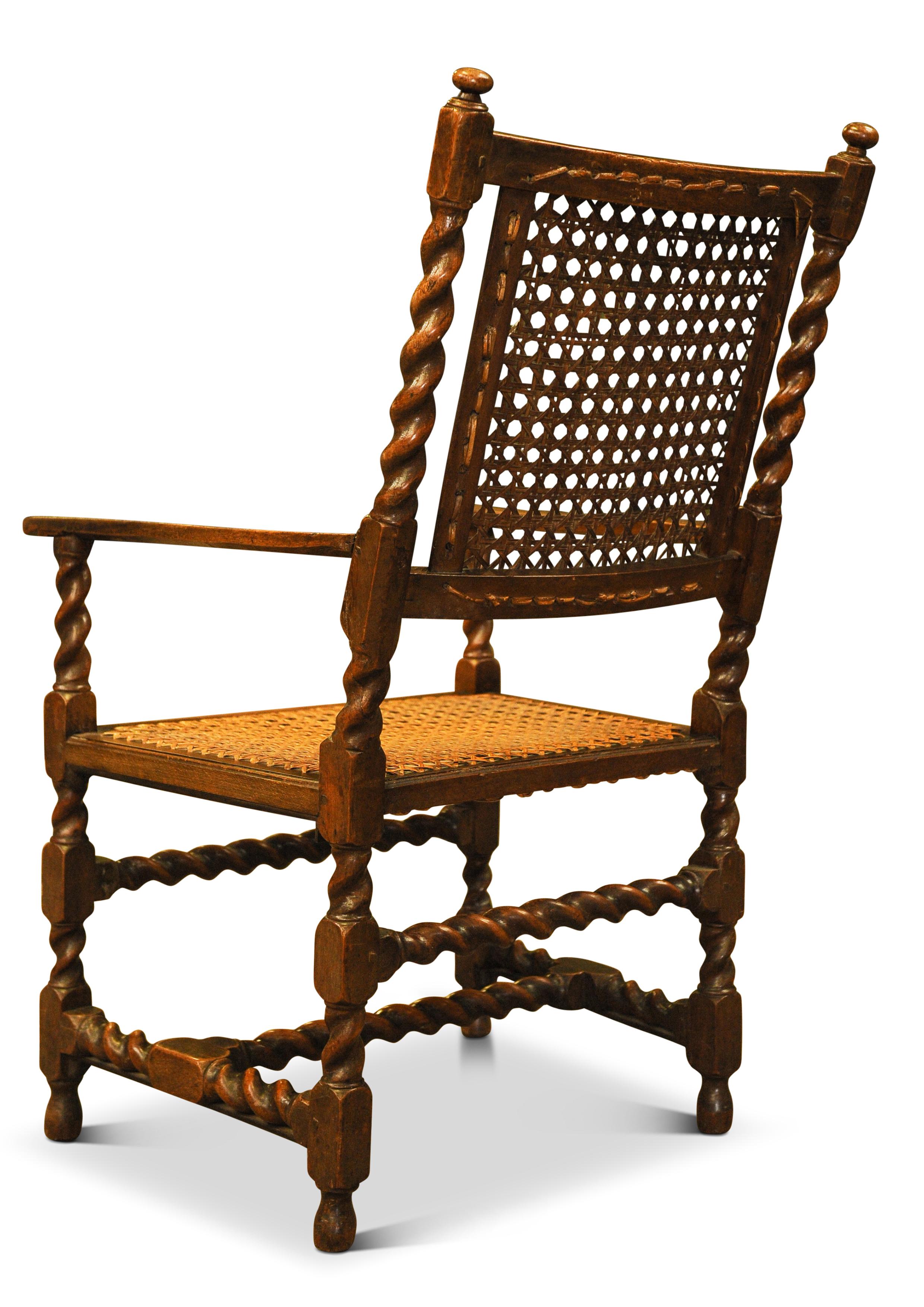 19th Century Antique Walnut Barley Twist Library Armchair with Cane Seat & Rear 1850s For Sale
