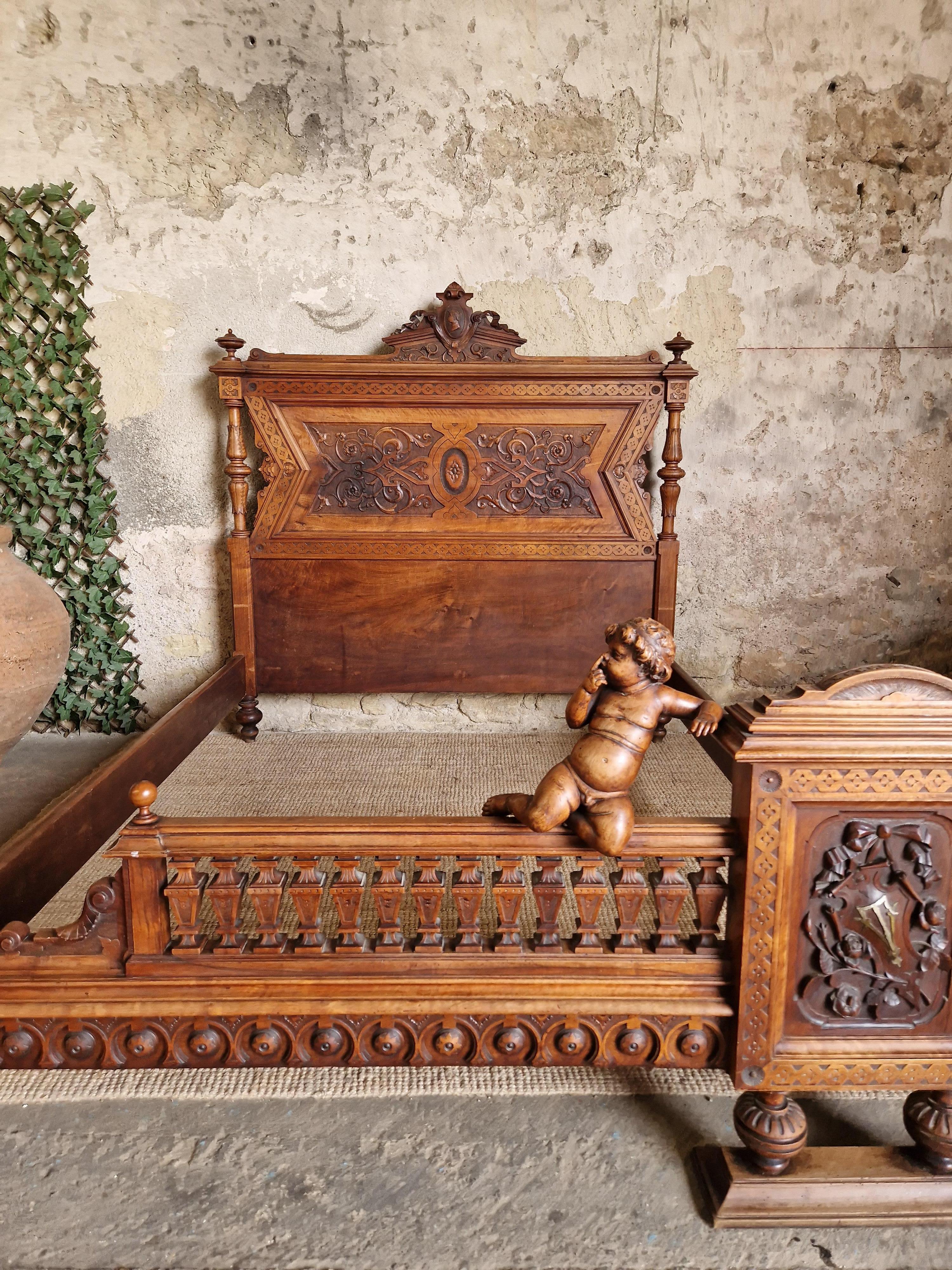 Renaissance Revival Antique Walnut Bed Renaissance Style 19th Century
